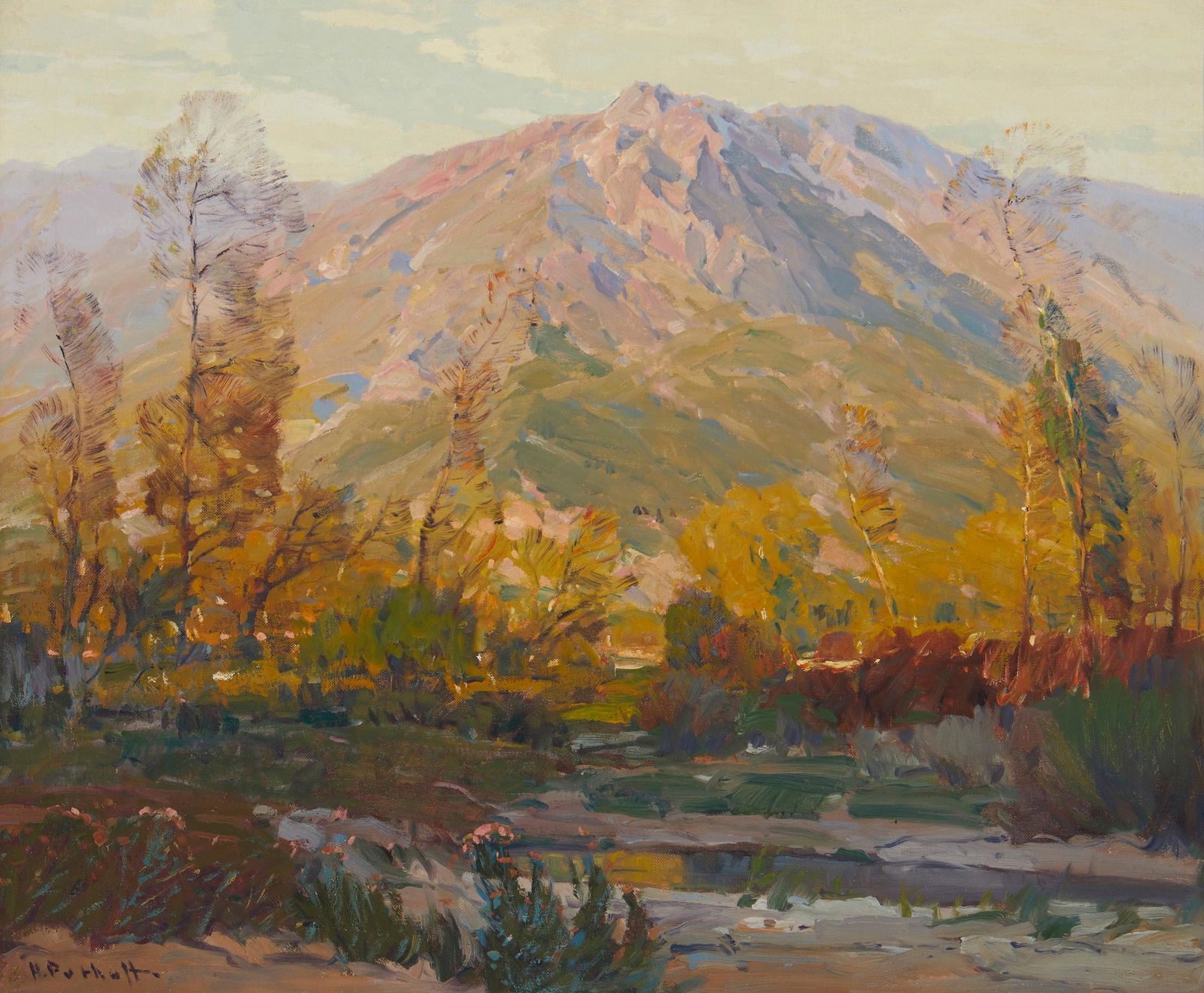 Hanson Duvall Puthuff (1875-1972): "June Upon the Hills" Oil on canvas laid to waxed canvas Signed lower left: H. Puthuff; titled on label affixed verso 25.25" H x 30.25" W Provenance: Petersen Galleries, Beverly Hills, CA Willia