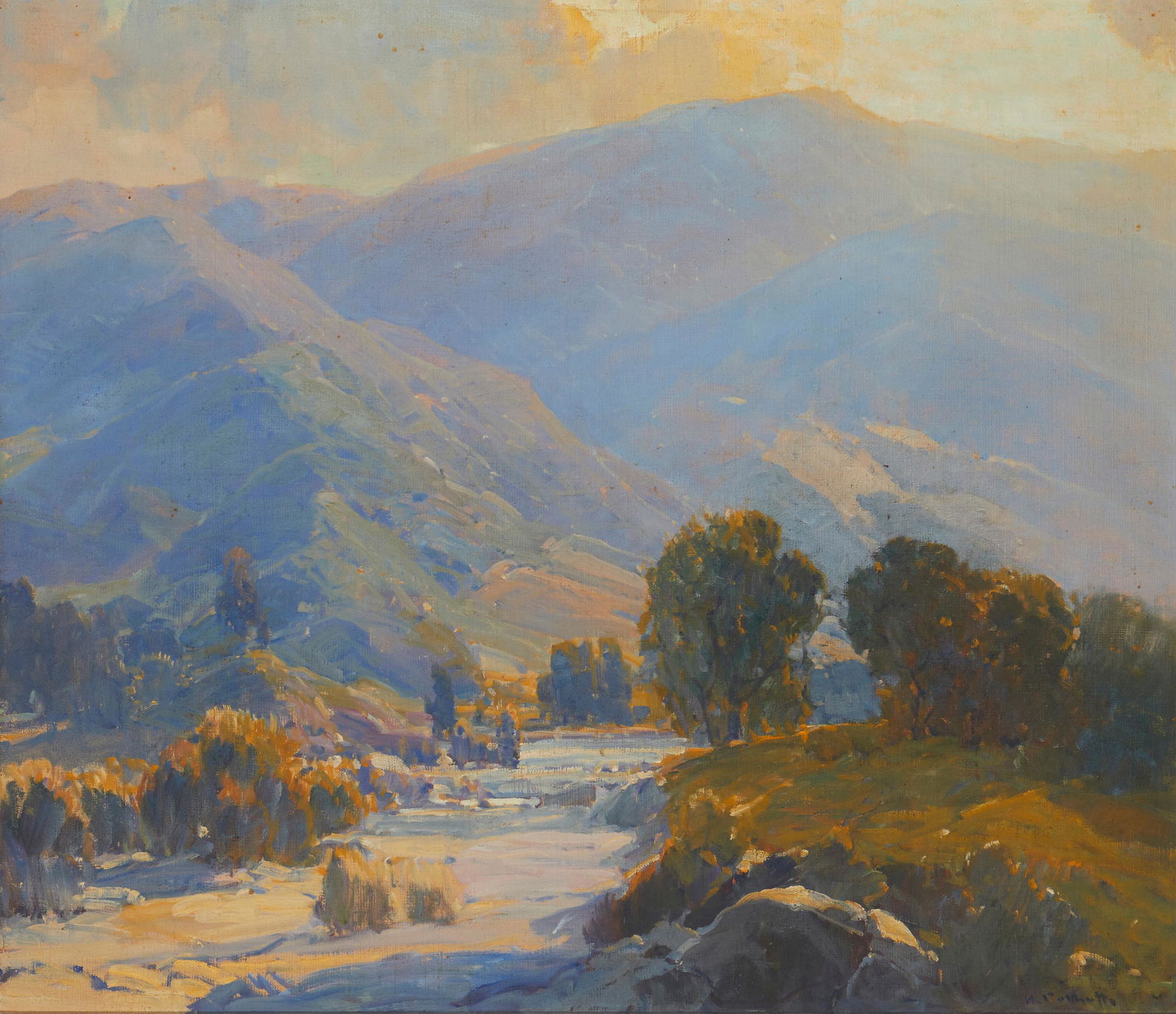 Hanson Duvall Puthuff (1875-1972): "Sunlit Arroyo" Oil on canvas Signed lower right: H. Puthuff; signed again and titled verso 34" H x 40" W Provenance: Private Collection, Piedmont, CA Sold: Clars Auction Gallery, May 14, 2011,
