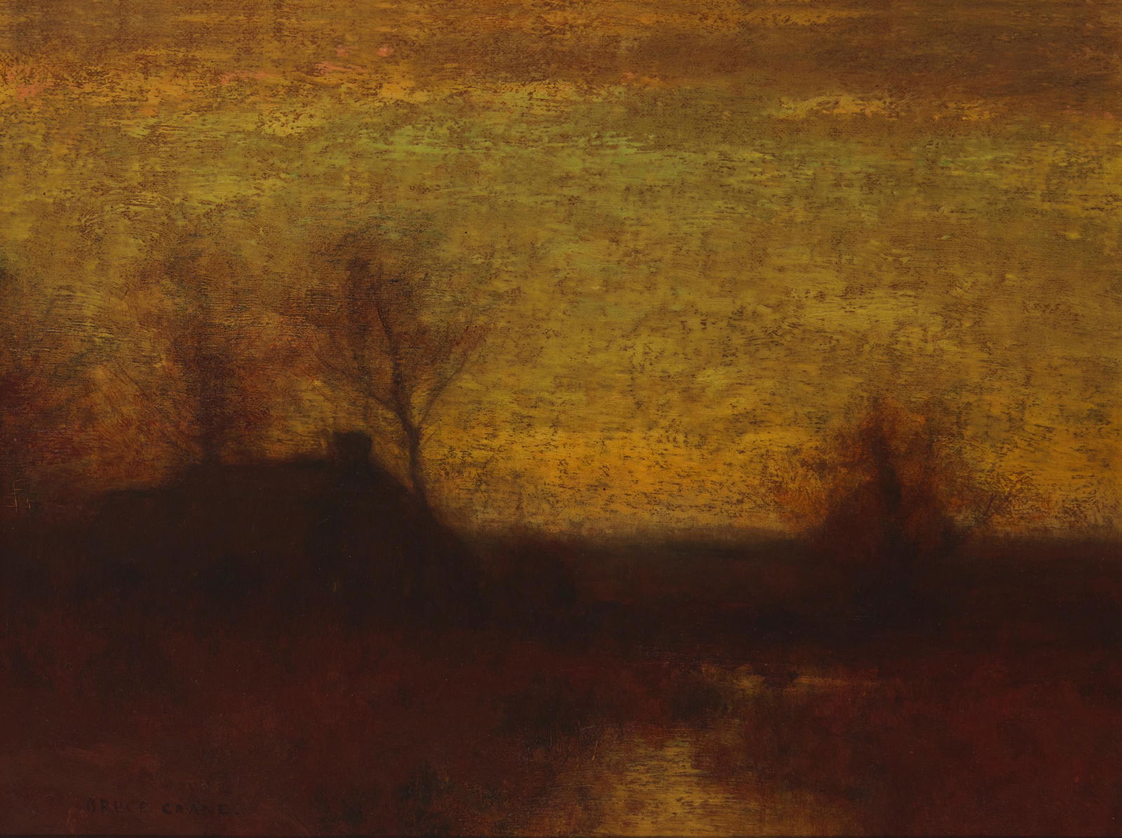 Bruce Crane (1857-1937): "Golden Moments" Oil on canvas Signed lower left: Bruce Crane; signed again and titled, both possibly in another hand, on a paper label affixed to the stretcher 12" H x 16" W