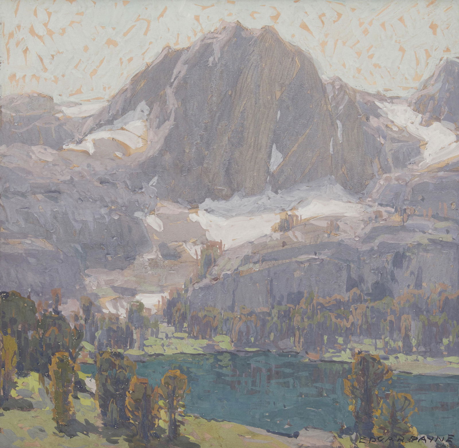 Edgar Alwin Payne (1883-1947): Lakeside High Sierra landscape with snow-capped mountains Gouache and watercolor on paper Signed lower right: Edgar Payne Sight: 13.5" H x 14" W; Sheet: 14" H x 14.5" W Provenance: The Estate of