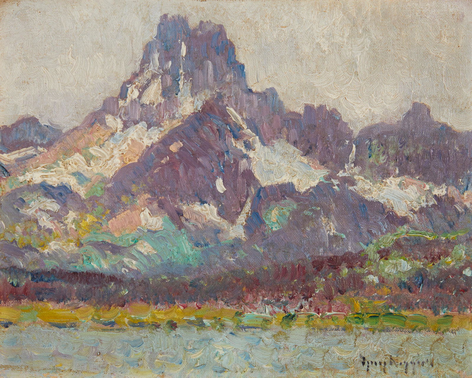 Guy Carleton Wiggins (1883-1962): Lake in a mountain landscape Oil on canvas laid to board Signed lower right: Guy Wiggins; signed again and indistinctly titled and dated verso 8" H x 10" W
