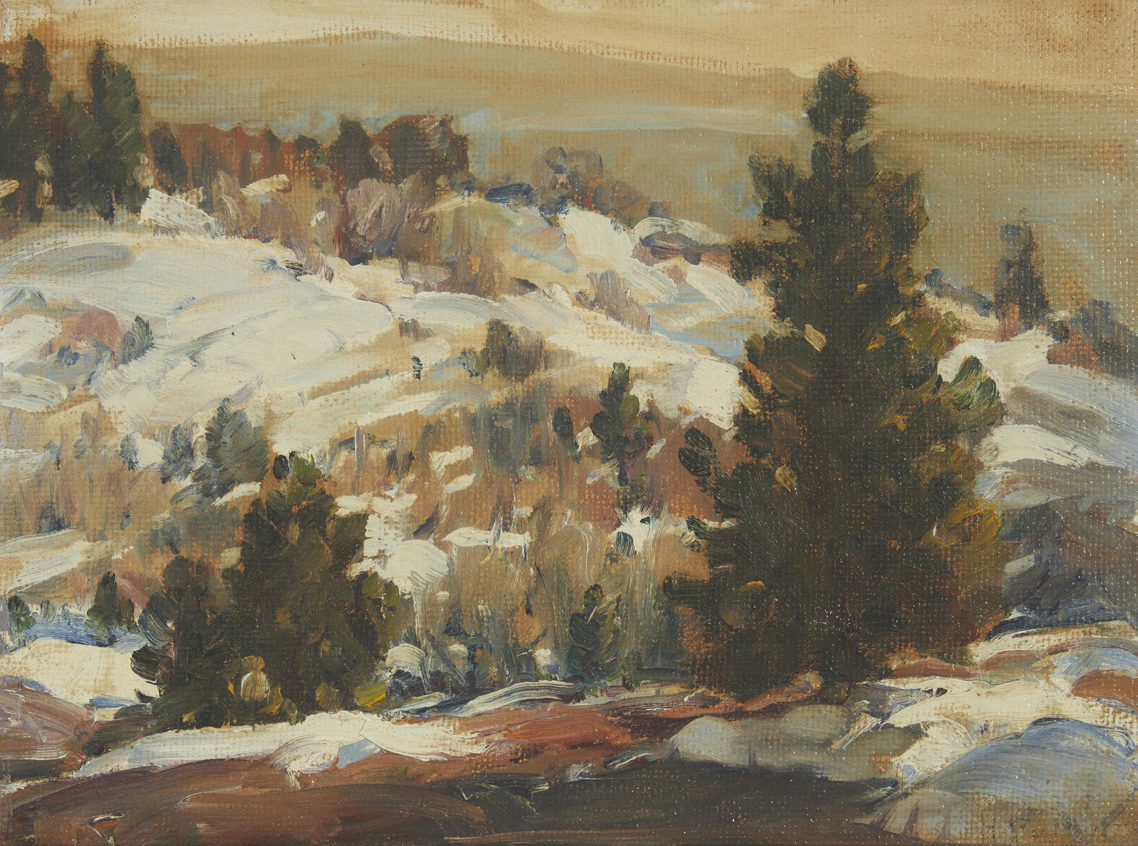 Hanson Duvall Puthuff (1875-1972): "Winter Season" Oil on Masonite Signed faintly in pencil lower right: H. Puthuff; signed again and titled in pencil verso 12" H x 16" W Provenance: Sold: Butterfield & Butterfield, San Francisco,