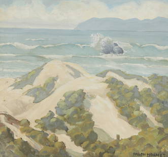 Ralph William Holmes (1876-1963): "Dunes and Surf" Oil on board Signed lower right: Ralph Holmes; titled on a label affixed verso 18" H x 20" W Provenance: Sold: Christie's Beverly Hills, CA, California, Western, and American Pai