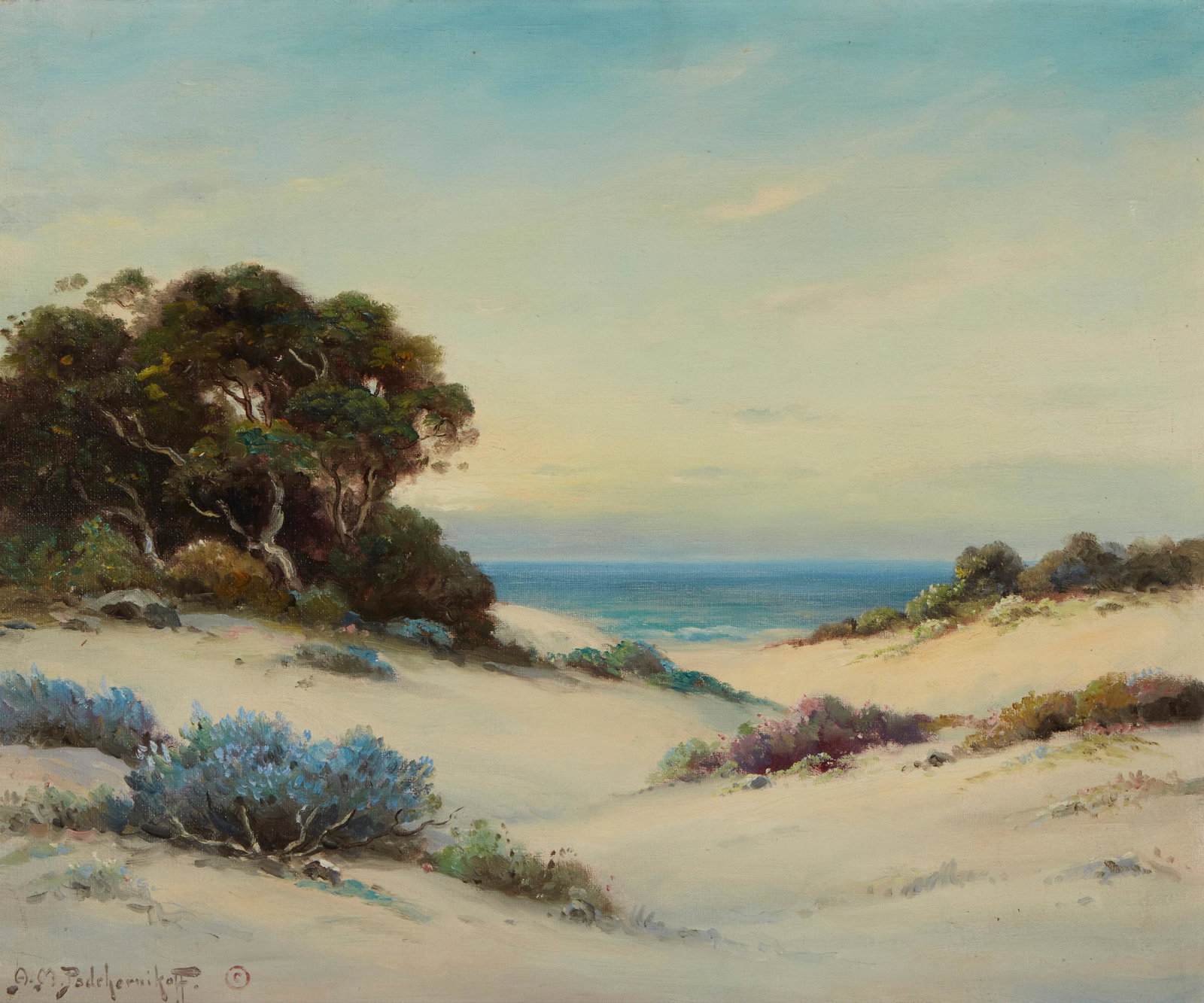 Alexis M. Podchernikoff (1886-1933): Coastal trees and lupine Oil on canvas Signed lower left: A.M. Podchernikoff and with the (C) 20" H x 24" W