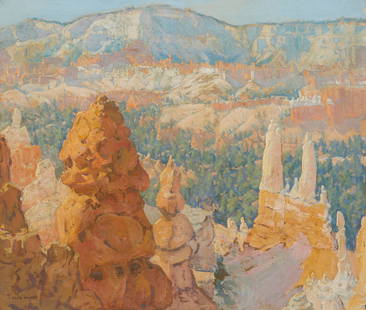 Ralph William Holmes (1876-1963): Lost City, Bryce Canyon Oil on canvas Signed lower left: Ralph Holmes; titled on gallery label affixed verso; titled again on label affixed on the frame verso 24" H x 28" W Provenance: