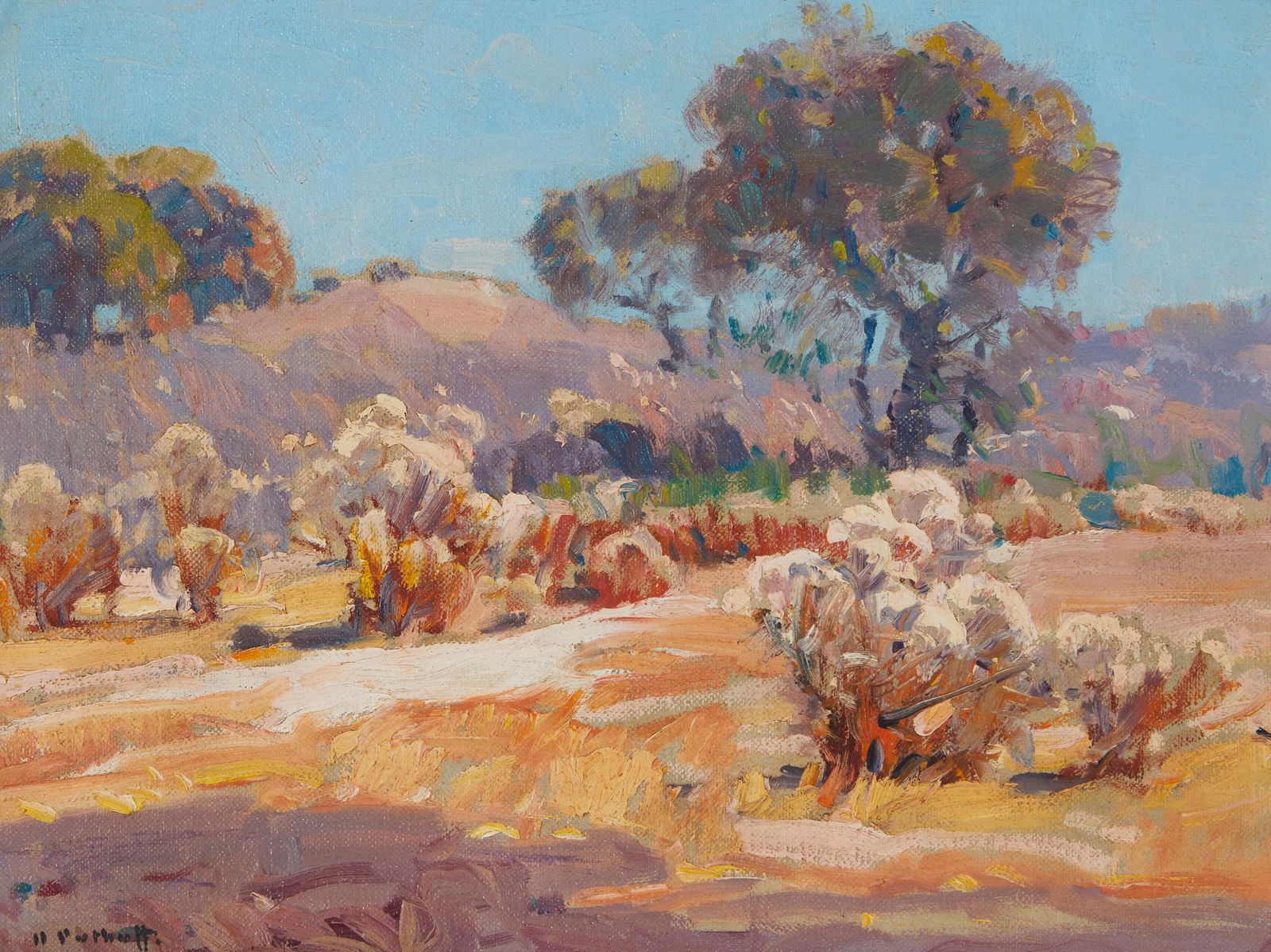 Hanson Duvall Puthuff (1875-1972): Desert landscape Oil on canvas board Signed lower left: H. Puthuff; faintly signed and partially titled verso 11.75" H x 15.5" W Provenance: William Karages Fine Art, Santa Monica, CA John Moran