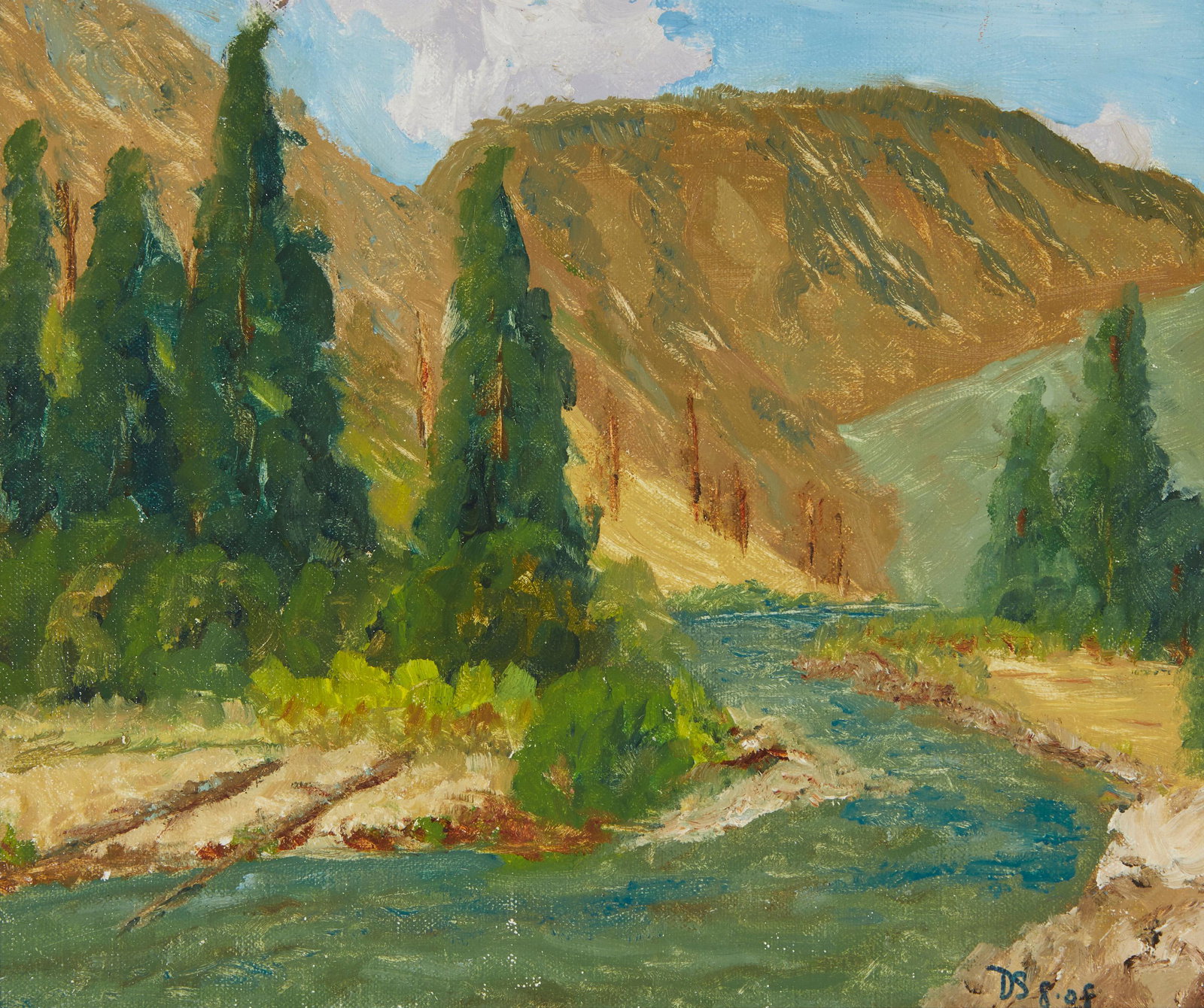 George David Sturges (1941-2022): N. Fork Shoshone River, 2008 Oil on board Initialed and dated lower right: DS, 8.08; signed again, titled, and dated verso 10" H x 12" W Provenance: The Estate of George David Sturges