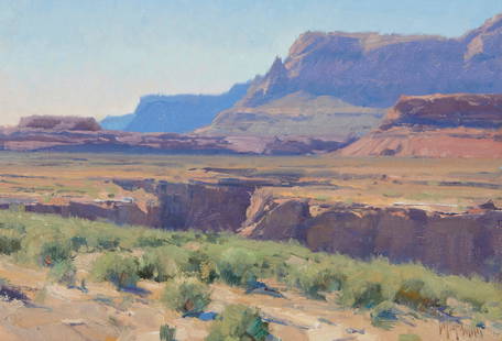 Matt Smith (b. 1960): Nevada landscape, 2012  Oil on canvas  Signed lower right: Matt Smith; signed again, dated, copyrighted and inscribed, verso: April 13, Las Vegas Plein Air Expo  11" H x 16" W   Provenance: The Estate