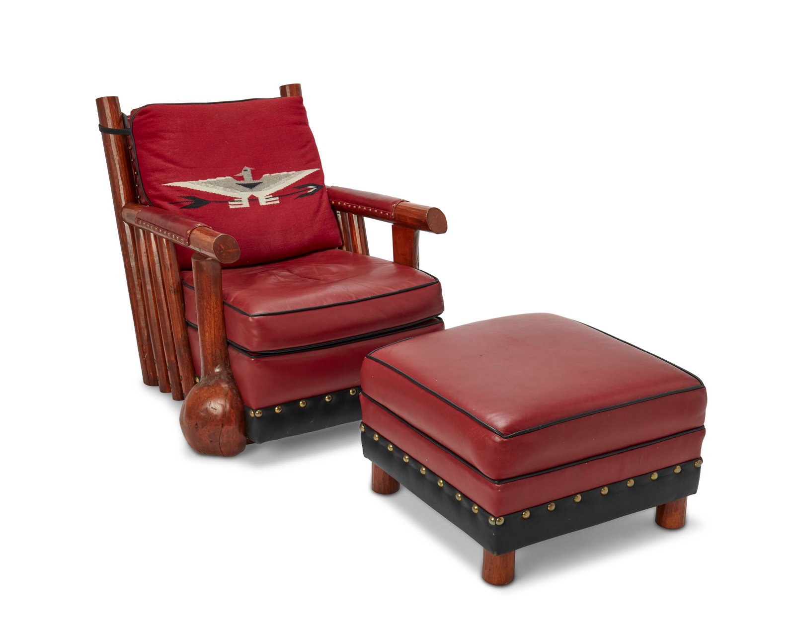 A New West Furniture Molesworth-style club chair: 21st century A newly manufactured burlwood chair in the style of Molesworth with red and black leather, accented with Chimayo upholstery fabric with a thunderbird motif; accompanying ottoman in red an