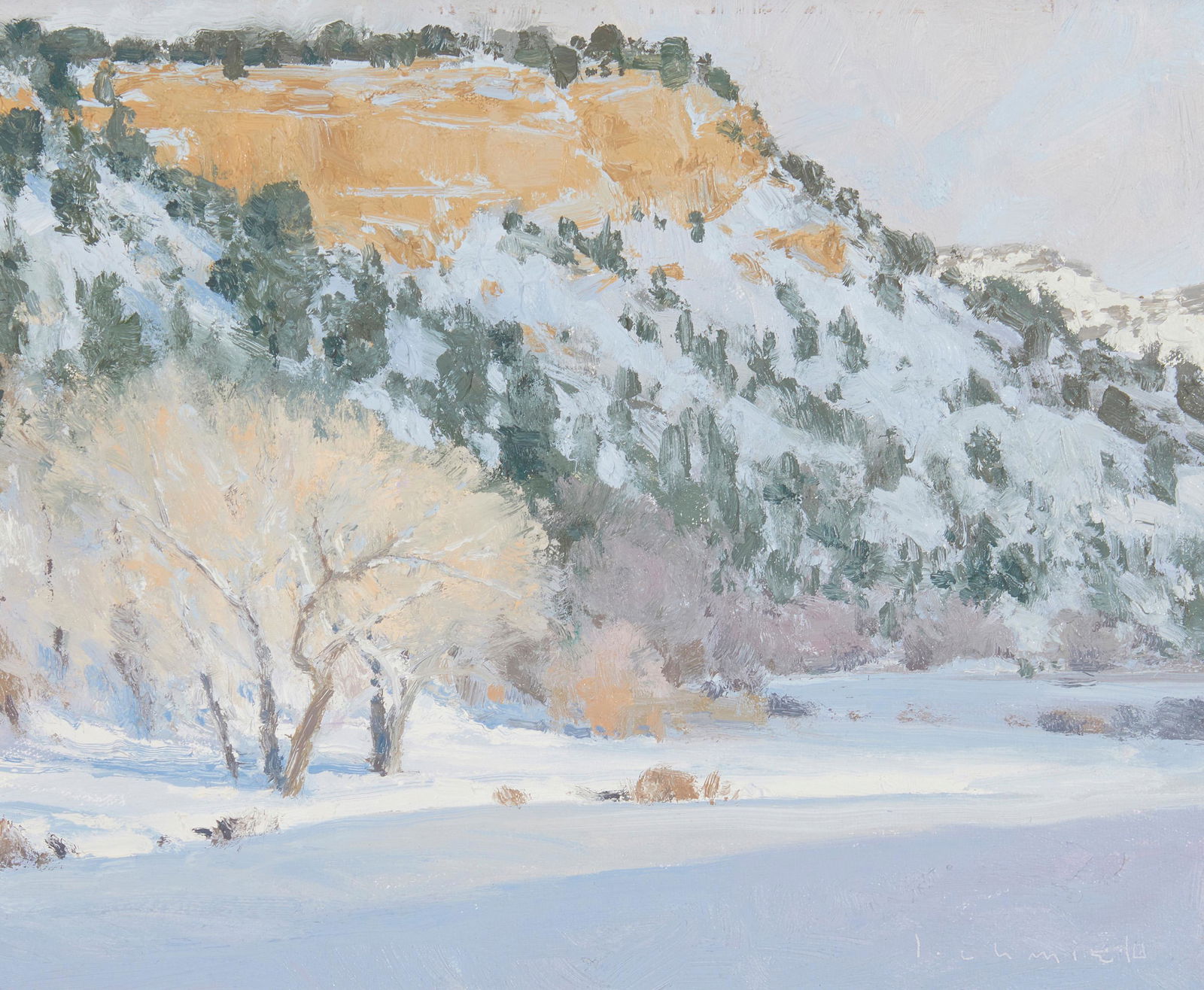 Len Chmiel (b. 1942): A Creek Runs Through It, 2009 Oil on board Signed lower right: L. Chmiel; titled on a gallery label affixed verso 10" H x 12" W Provenance: Thunderbird Foundation, Maynard Dixon Country, Mt. Carm