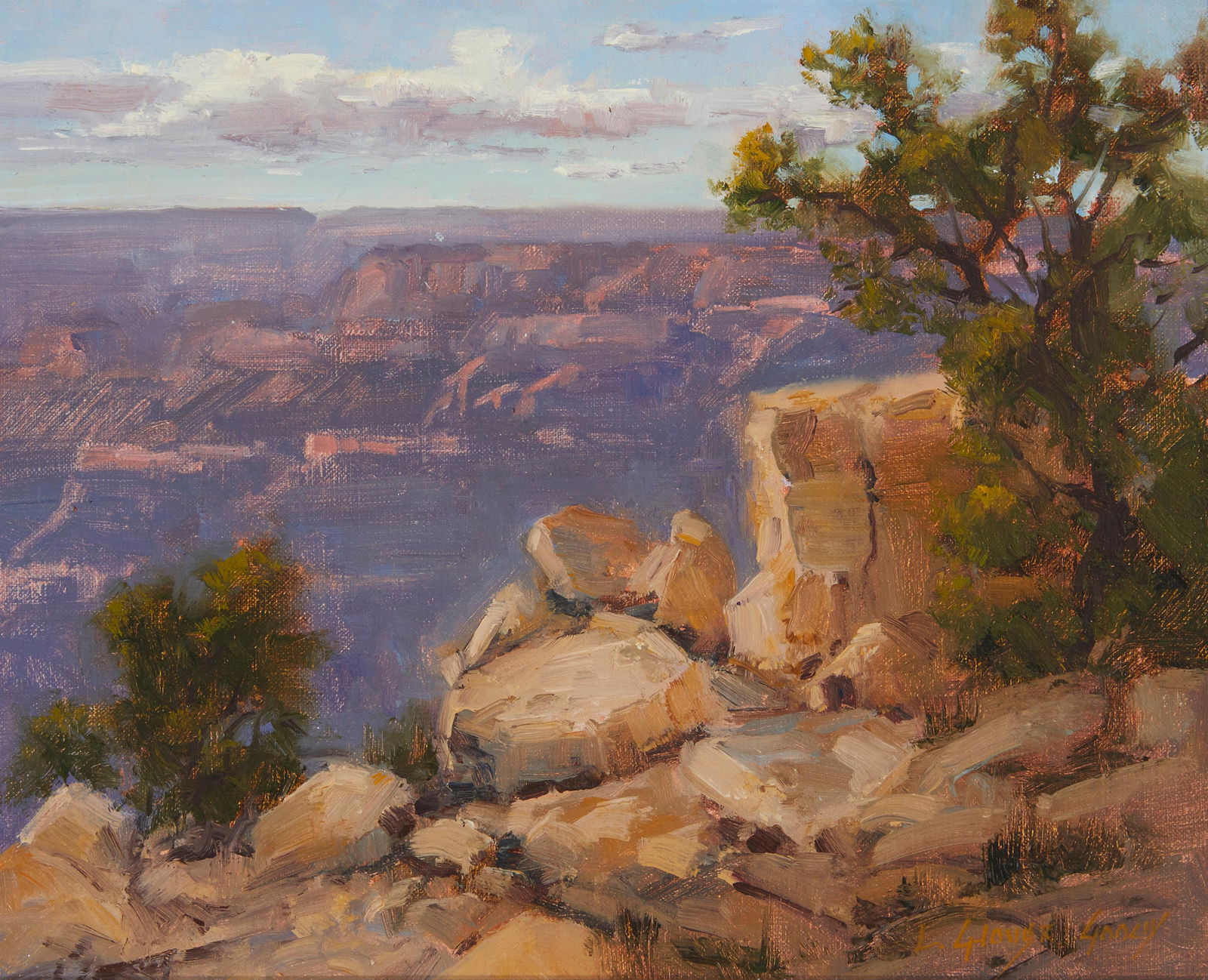 Linda Glover Gooch (b. 1956): Living on the Edge Oil on canvas board Signed lower right: L. Glover Gooch; signed again and titled, and with the (C), verso 8" H x 10" W Provenance: The Estate of George David Sturges