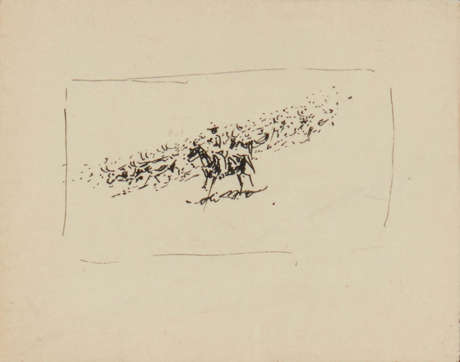 Edward Borein (1872-1945): Cowboy with a herd of cattle India ink on board Appears unsigned; numbered, and inscribed verso Image: 1.25" H x 2.125" W; Board: 2.375" H x 3" W Notes: The inscription reads: "From the collectio
