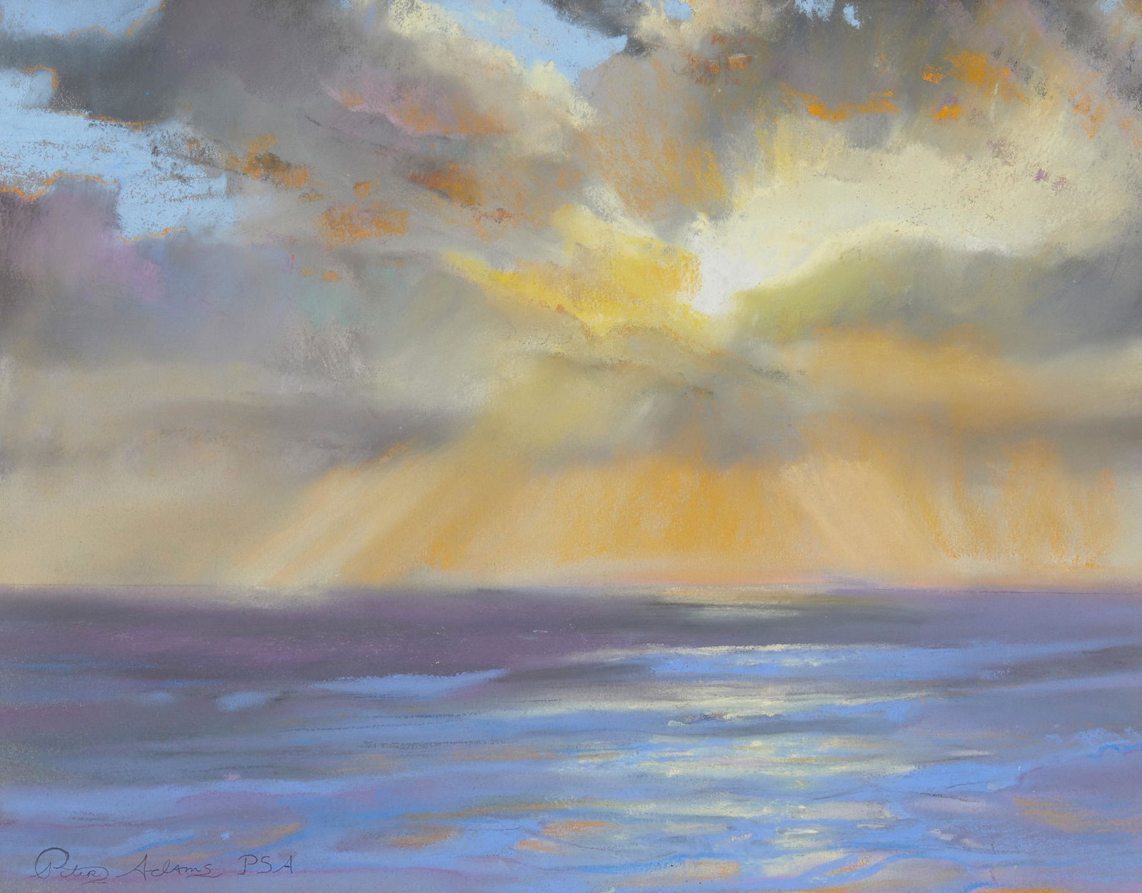 Peter Adams PSA (b. 1950): Cloudburst Oil pastel on paper Signed lower left: Peter PSA; titled on label affixed to the frame's backboard Sight: 12.5" H x 16" W Provenance: The Estate of George David Sturges