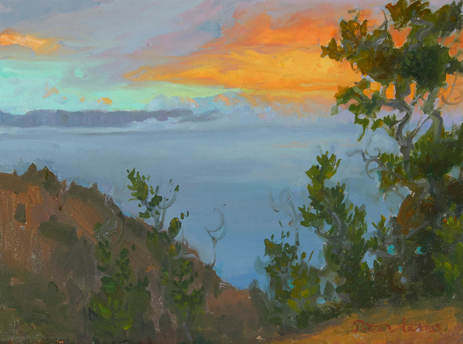 Peter Adams (b. 1950): Evening Fog over San Clemente Island Oil on Masonite Signed lower right: Peter Adams; titled on a label affixed to the verso of the frame 9" H x 12" W Provenance: The Estate of George David Sturg