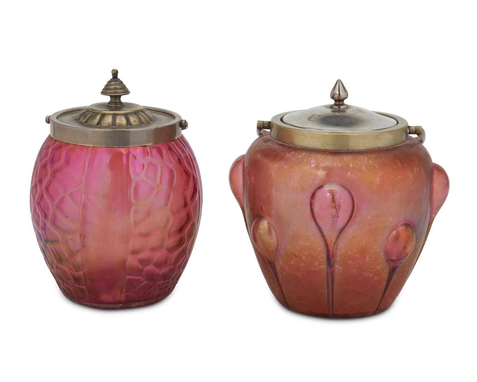 Two Loetz-style art glass biscuit barrels (1 of 2)