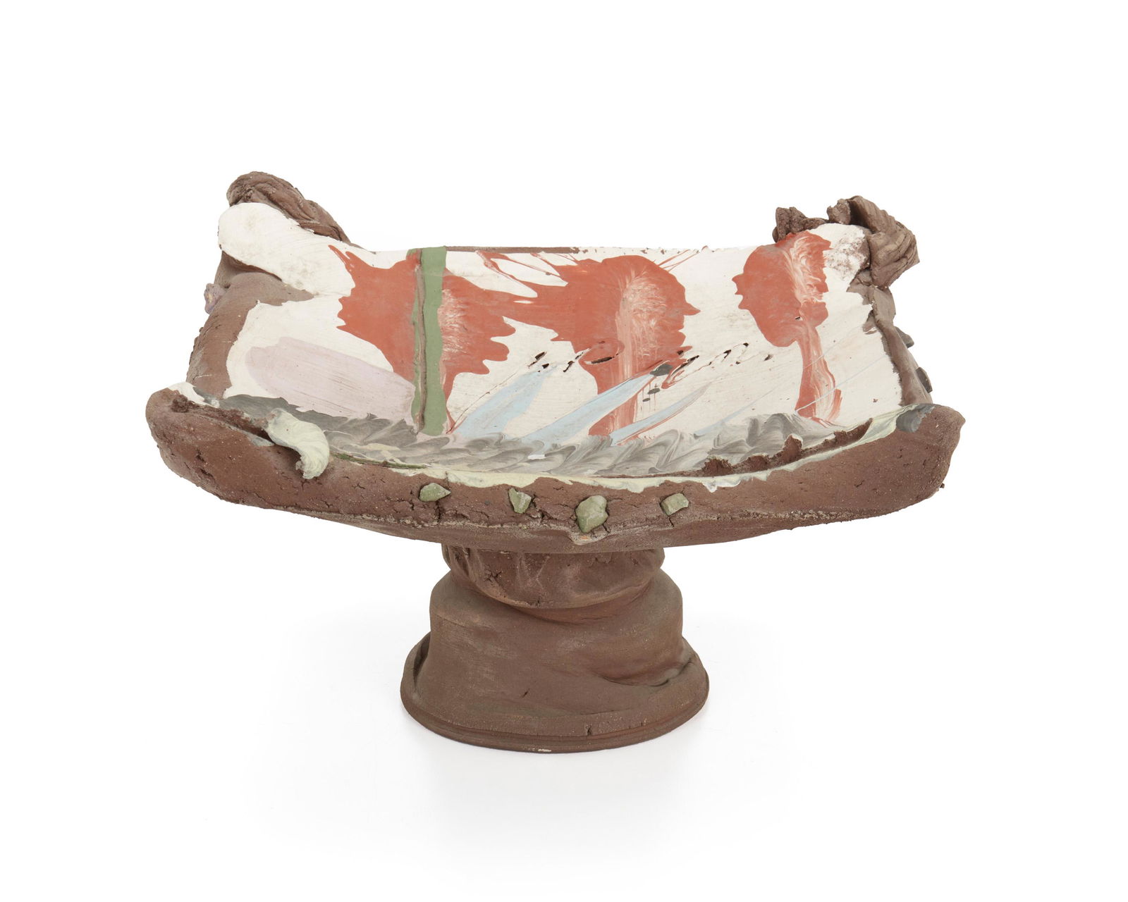 Donald Lester Reitz (1929-2014, American): Footed charger, circa 1970s-80s Bisque stoneware and engobe Incised signature to underside: Reitz 7.5" H x 12.25" W x 12" D