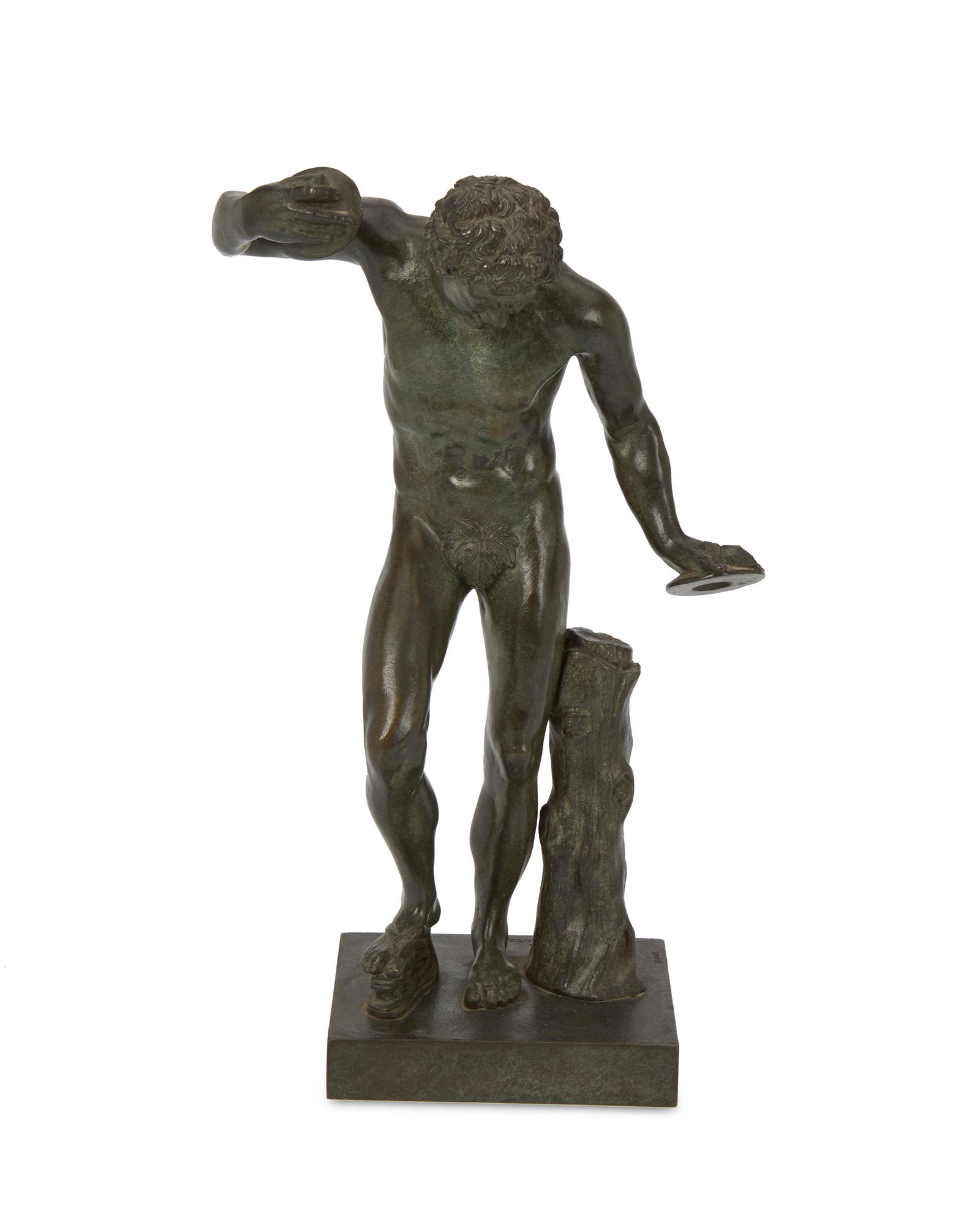 After Giovanni Battista Foggini (1652-1725): Dancing faun with cymbals Patinated bronze on a base Modeled after various copies of a Hellenistic marble statue in the Galleria degli Uffizi, Florence; appears unsigned 11" H x 7" W x 3.25" D; wit