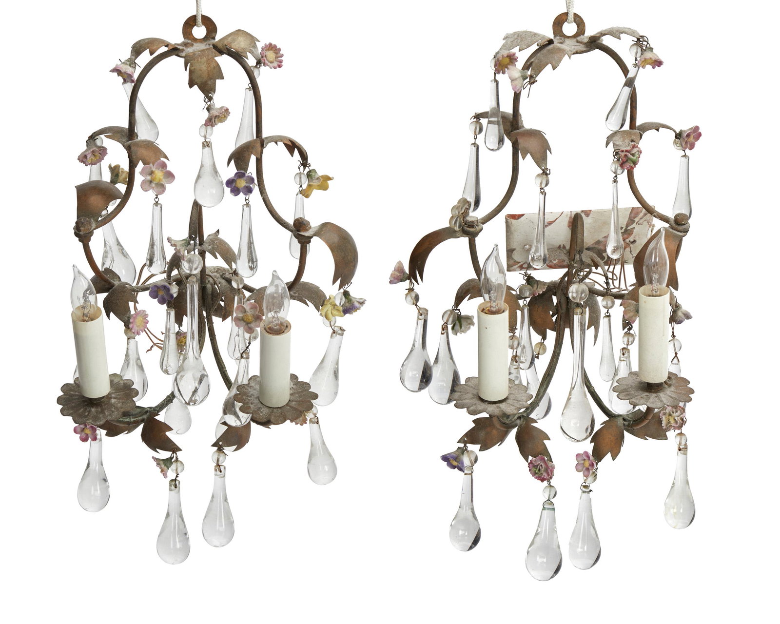 A pair of Italian gilt-metal crystal drape sconces: 20th century Toleware gilt metal frame and leaves with various hand-painted porcelain flowers Each: 12" H x 8" W x 7" D
