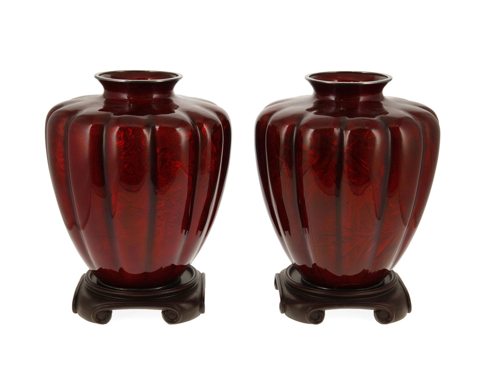 A pair of Japanese pigeon blood cloisonne vases (1 of 4)