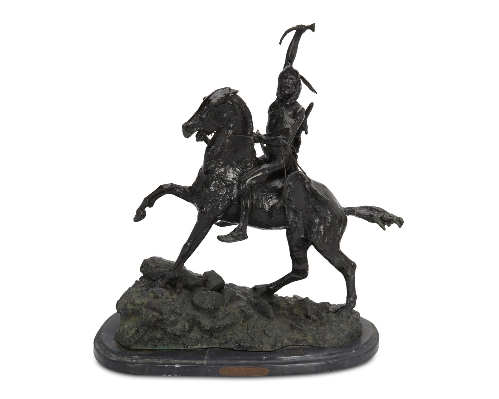 After Frederic Remington (1861-1909): The Scalp, modeled 1898 Patinated bronze mounted on black marble and metal Signed in the casting: Frederic Remington (C); titled on the base 23.5" H x 9" W x 20" D; with base: 25" H x 12" W x 23" D