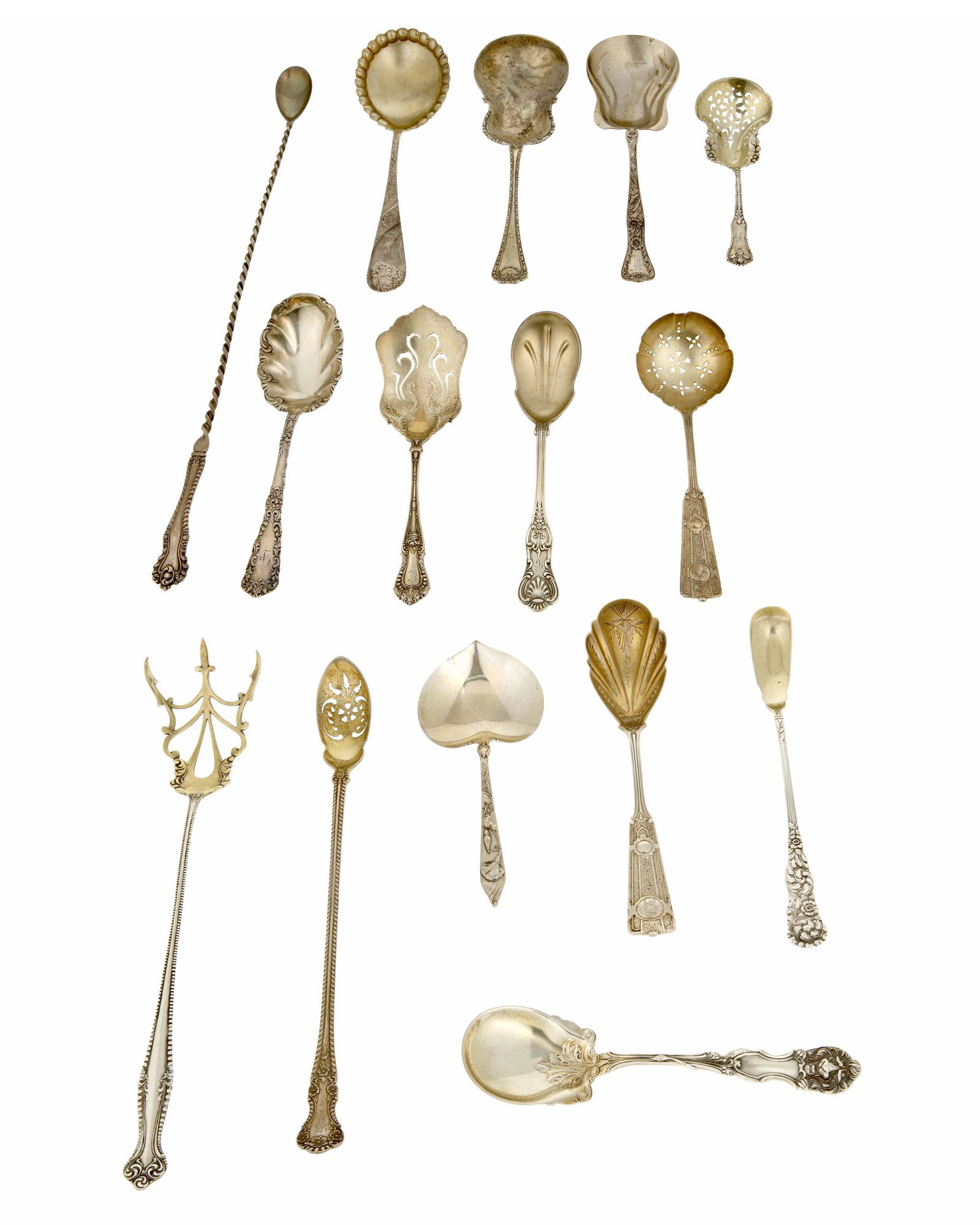 A group of sterling silver flatware: Late 19th/early 20th century Each marked for sterling, with various maker's marks Comprising spoons and forks of various forms and patterns, makers include Shreve, Crump & Low; Gorham; and Dominick