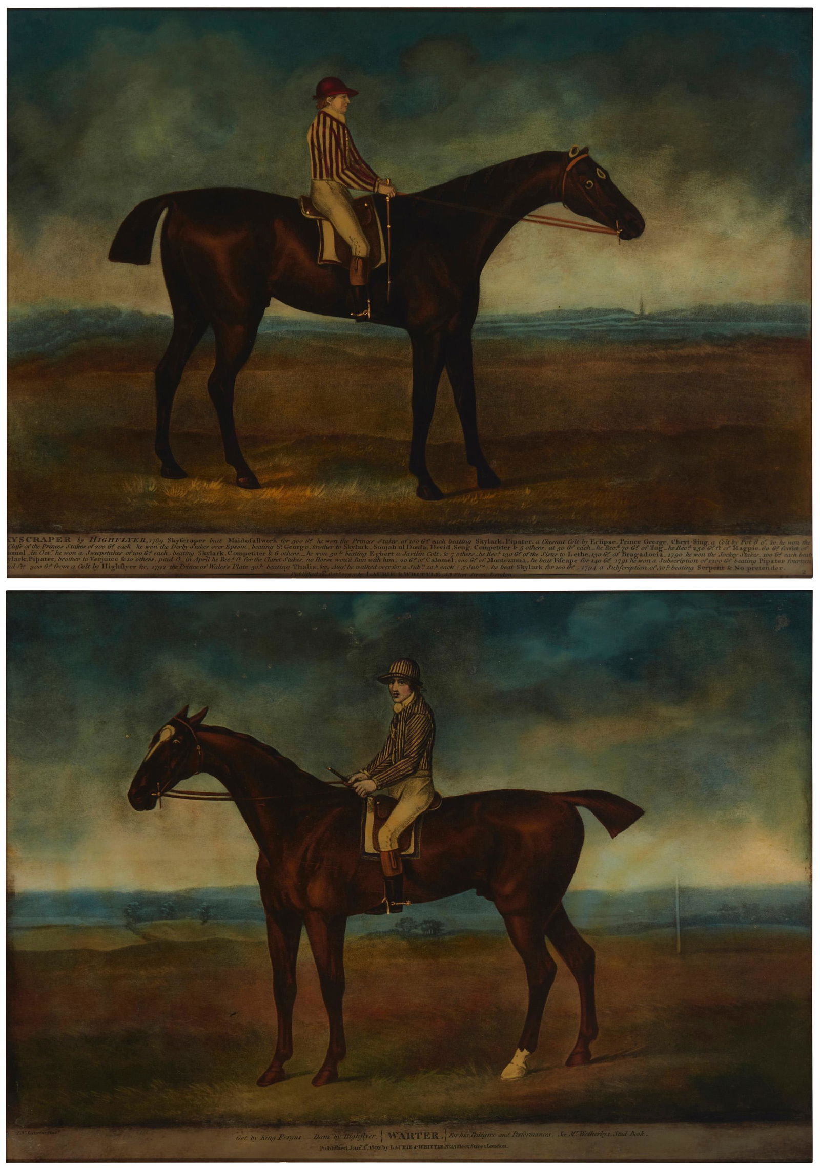 A pair of 18th century hand-painted reverse-glass prints: Skyscraper by Highflyer, after George Stubbs Mezzotint on paper affixed to glass, painted in oils, and varnished With the title, publisher's name, and the date, 1795, in the plate; Laurie & Whittle,