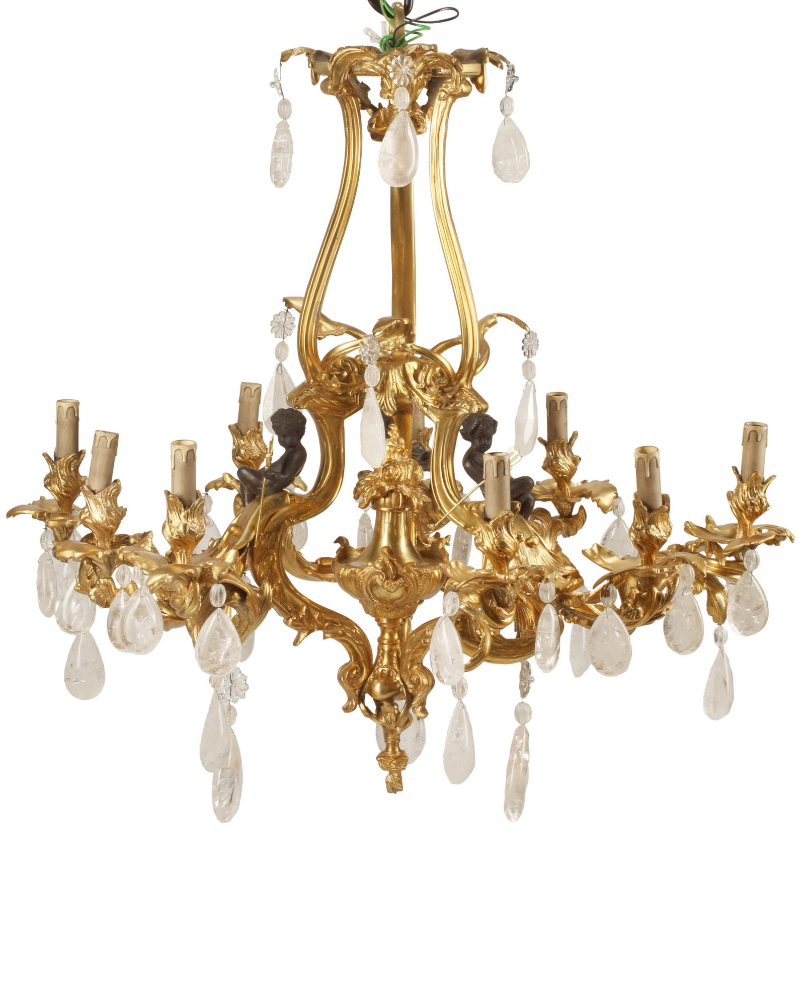 A French gilt-bronze chandelier: 20th century The nine-light chandelier with gilt-bronze frame and rock crystal prisms, electrified 35" H x 34" Dia.