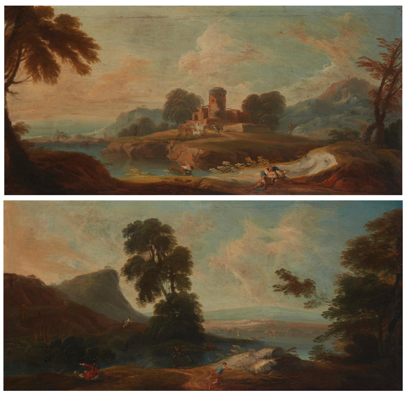 18th Century Italian School: A capriccio landscape with figures by a lake and castle Oil on canvas Appears unsigned 19.875" H x 40.25" W A capriccio landscape with figures along a lake Oil on canvas Appears unsigned 19.875