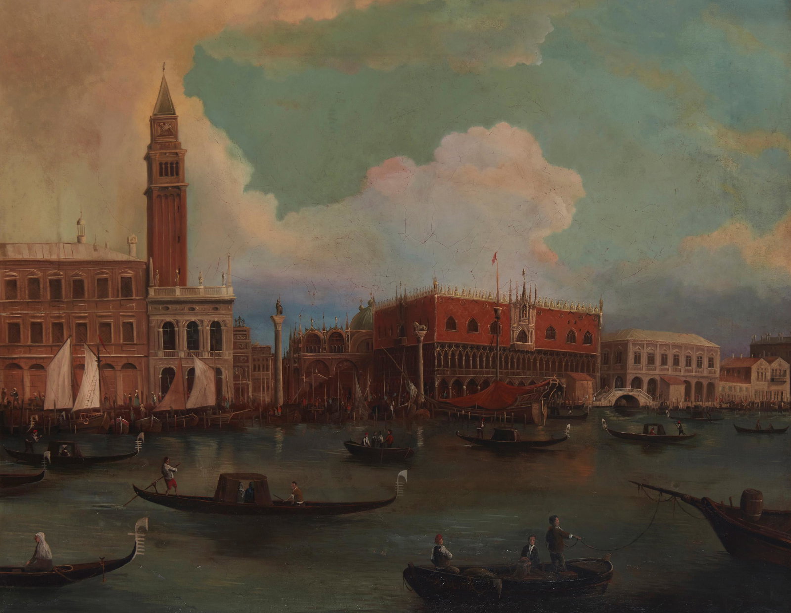 19th century Continental School: Venetian canal scene, 1975 Oil on canvas Initialed and dated along the lower center edge: E.M. 22" H x 27.5" W