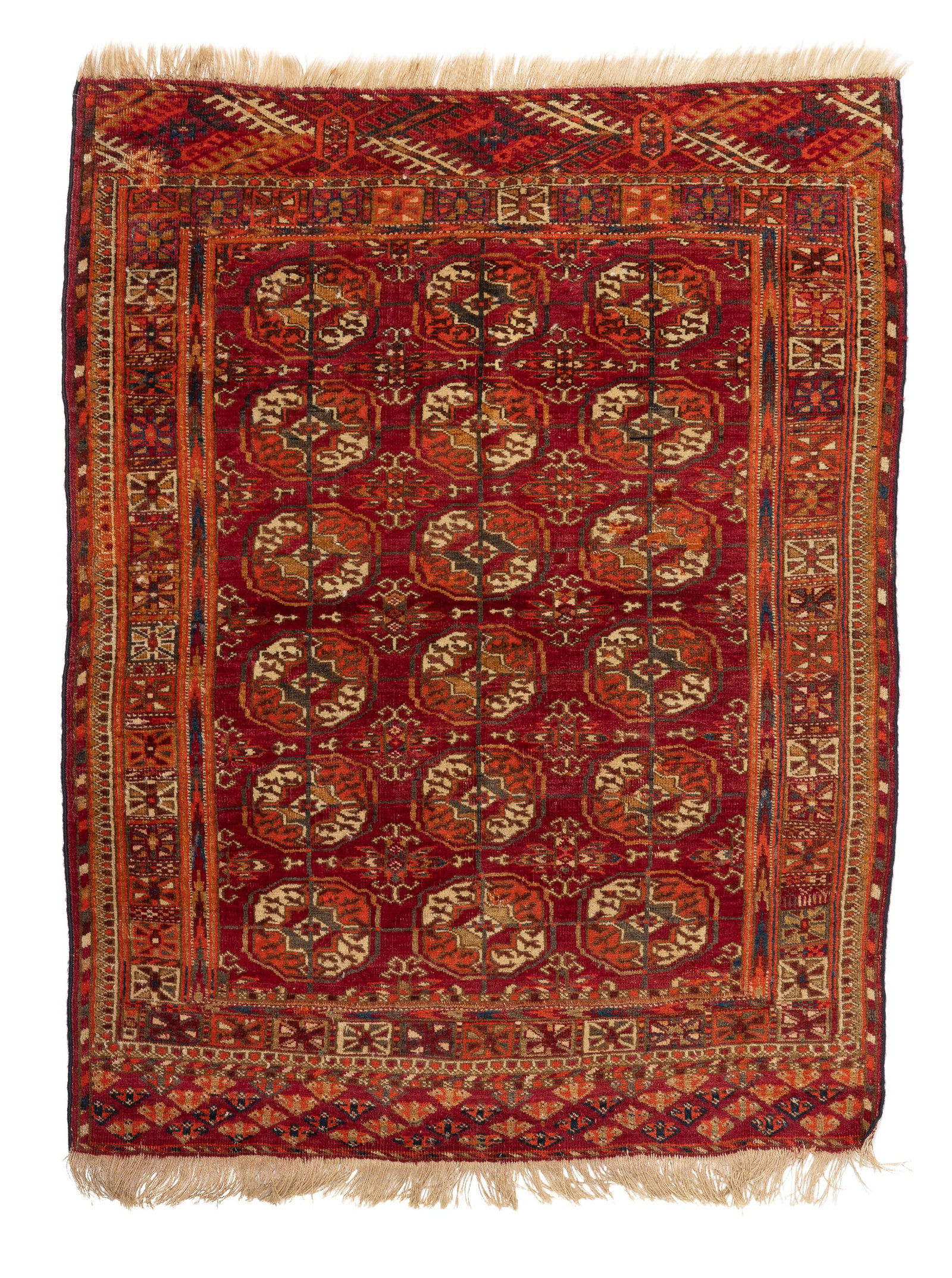 A Persian area rug: Early 20th century or earlier; Iran Wool on wool foundation, with polychrome medallions on a red field 4' L x 3'2" W