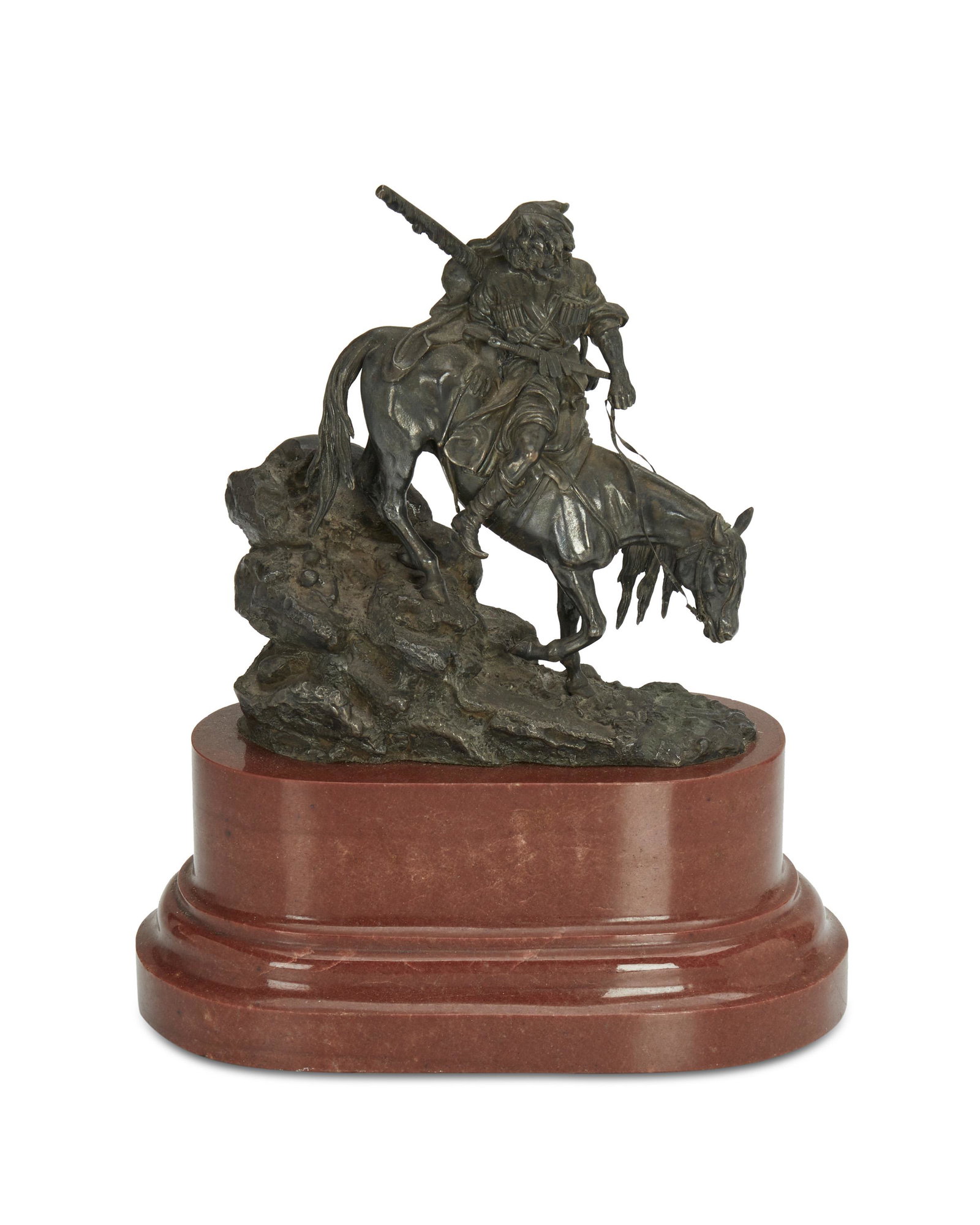 Vasily Grachev (1780-1850): A Cossack man on horseback Patinated bronze on marble base Signed in the casting: ["Grachev" in Cryllic]; signed again with impressed signature; further impressed: [ illegible / "8" ] 6" H x 3" W x