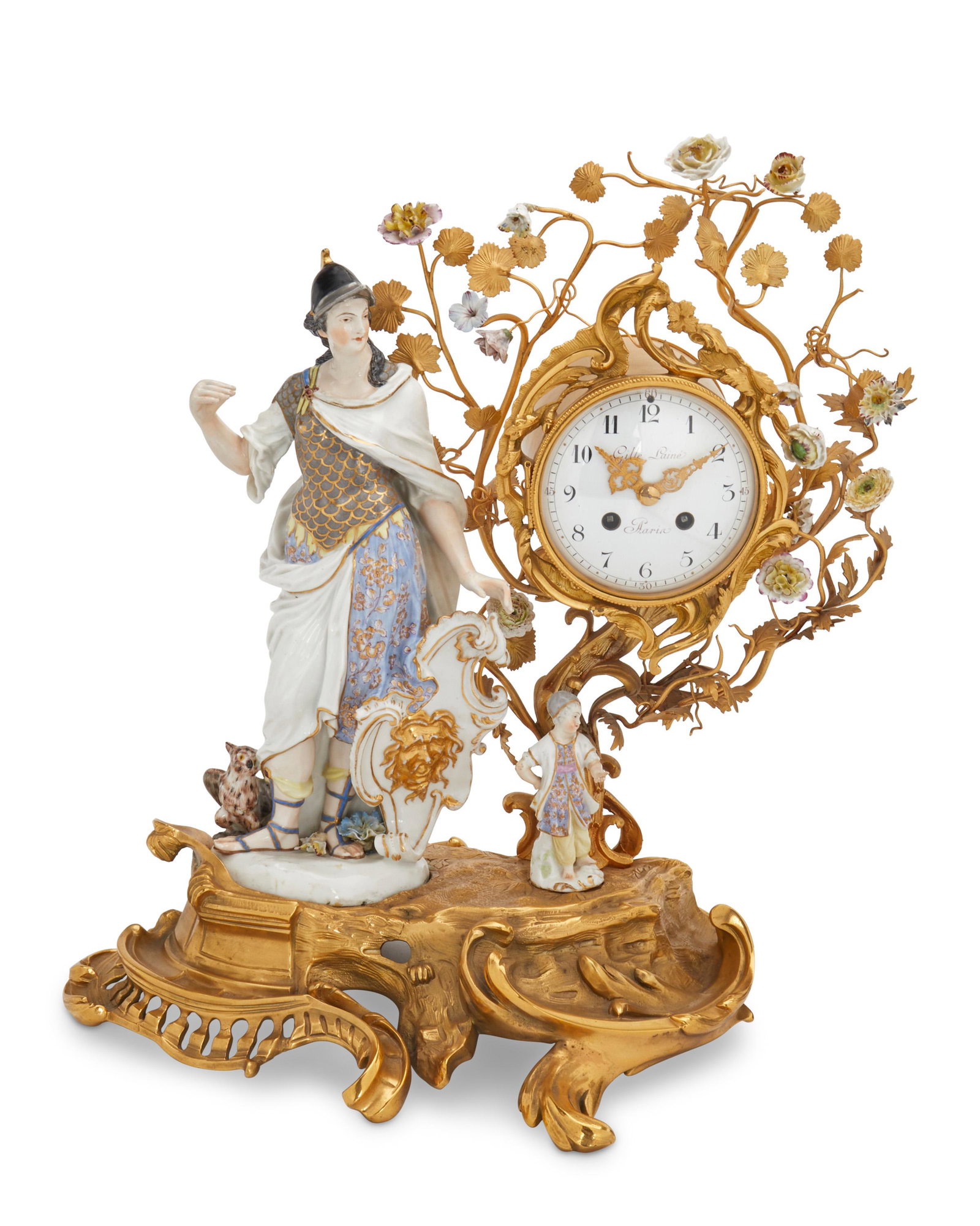 A French bronze porcelain mantle clock: Late 19th century Dial signed: Gille l'aine a Paris; Movement signed: A.D. Mougin / Deux Medaille The enamel dial with black Arabic numeral hour markers, outer minute track, and three train movement s