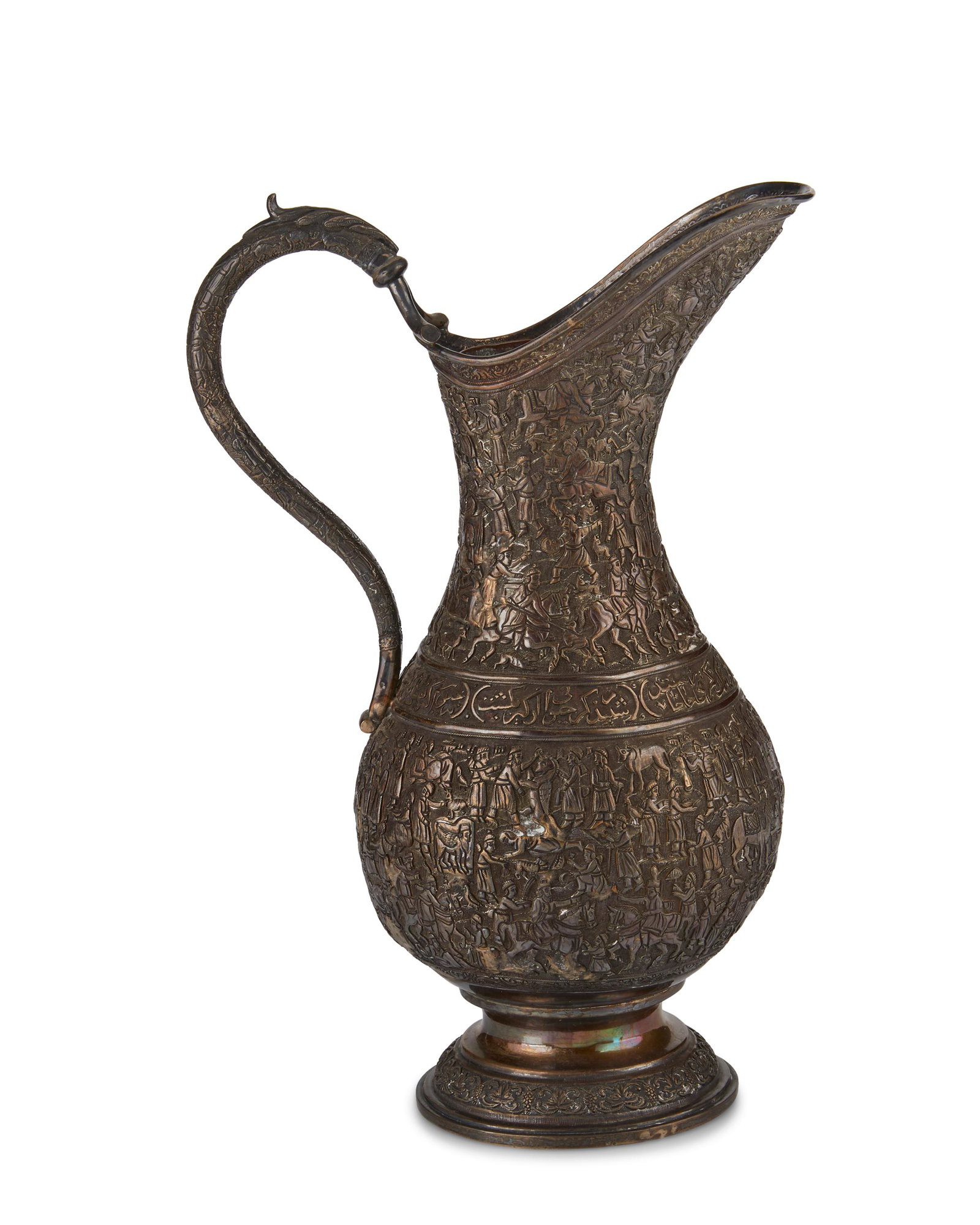 A Persian Safavid-style silver ewer: Early 20th Century Appears unmarked The pitcher with abundant repousse and chased figural decoration with a banded waist of script and copper liner 13.25" H x 8.5" W x 5.5" D 37.715 oz. troy approxima