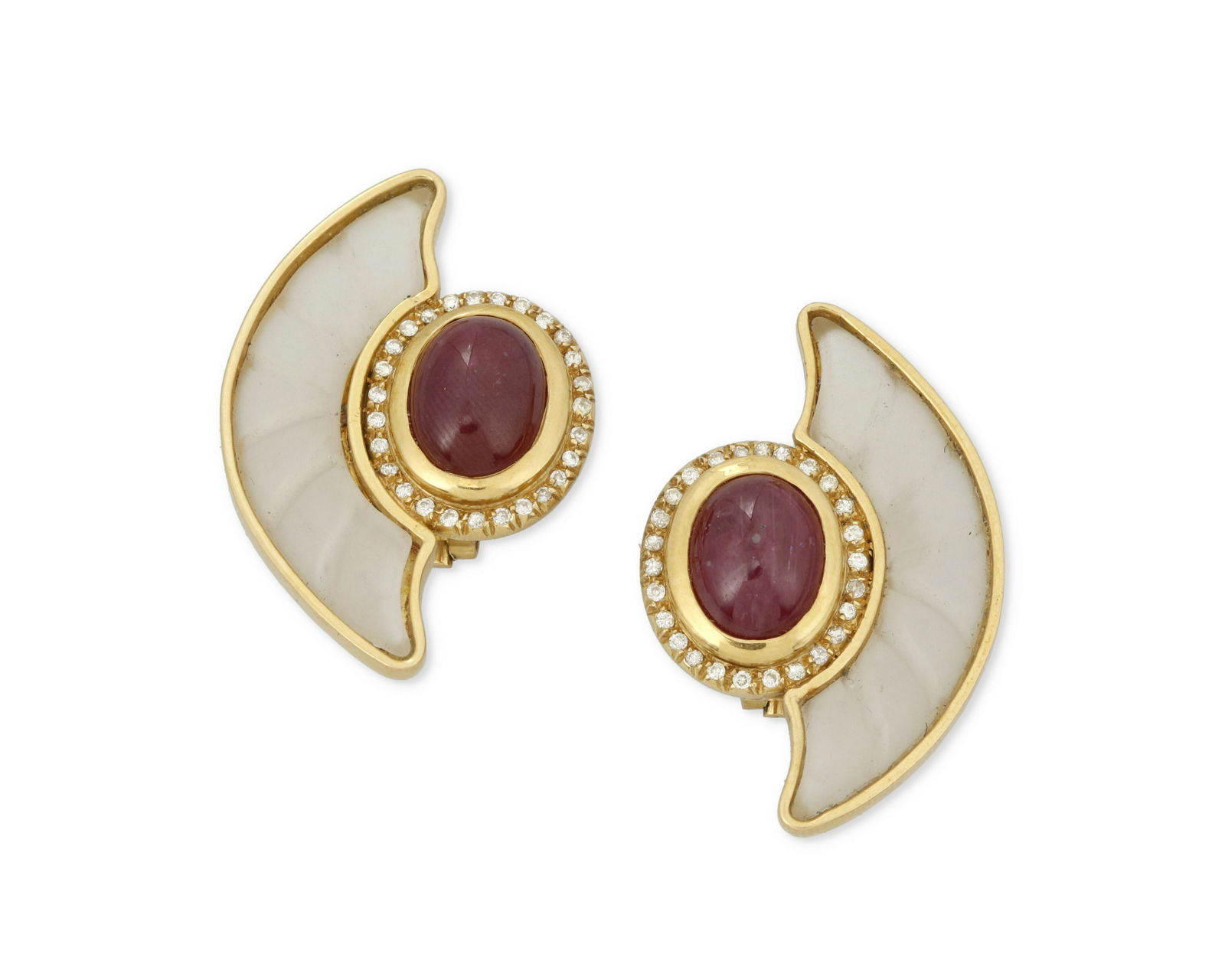 A pair of ruby, rock crystal and diamond ear clips (1 of 2)