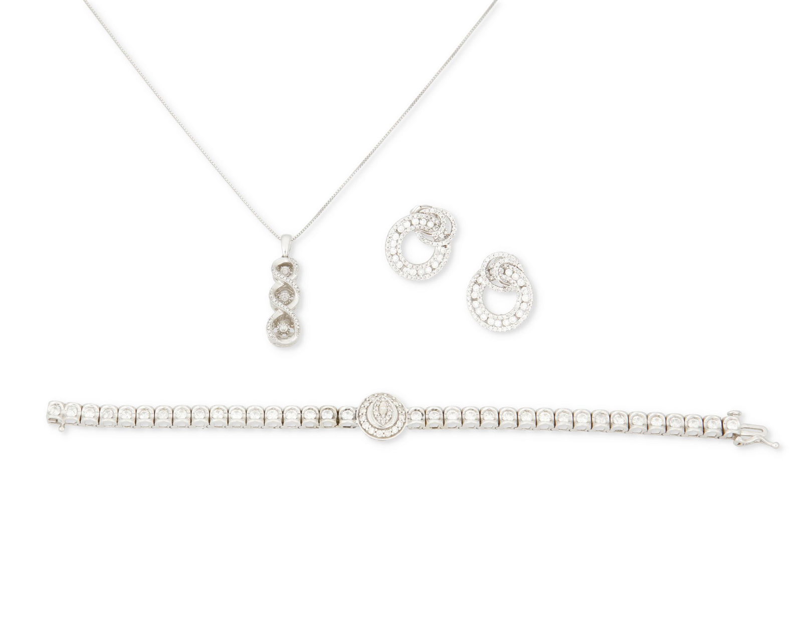 A group of diamond jewelry: 14k white gold and sterling silver; Variously stamped: 14k / 585 / 925 Including a 14k white gold diamond bracelet set with sixty round full-cut diamonds and one marquise-cut diamond totaling approxi
