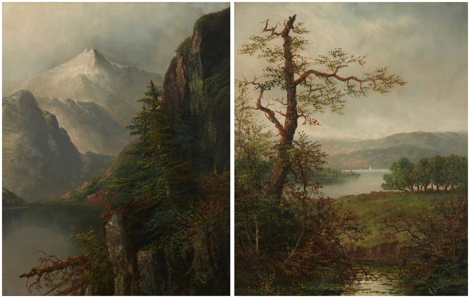 Alden Sampson (b. 1953): A wooded lakeside with boats and mountains Oil on canvas Signed lower right: A. Sampson 20" H x 16" W A rocky landscape with snow-capped mountains Oil on canvas Signed faintly lower right: A. Sampson