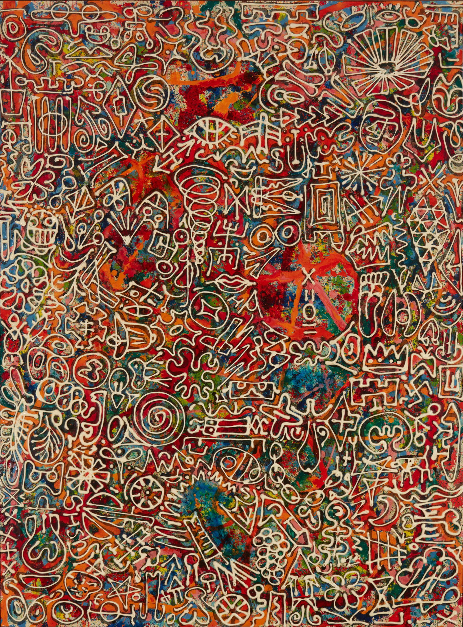 Richard Klix (b. 1928): Symbol Structure with White Liner, 1964 Mixed media on Masonite Signed along the lower edge, at right: Klix; signed again, and titled and dated, verso 48" H X 36" W