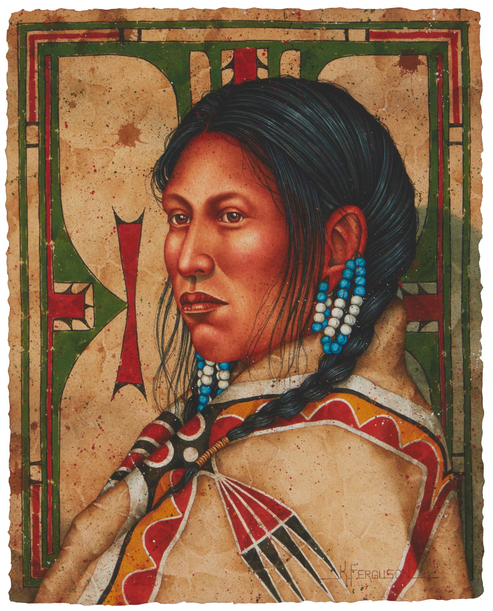 Kenneth Allen Ferguson (b. 1958): The Daughter of Little Rock: Mo-nah-see-tah Watercolor and ink on paper Signed lower right: K. Ferguson; titled on an information card affixed on the verso of the frame 14.5" H x 11.875" W Notes: Mon-