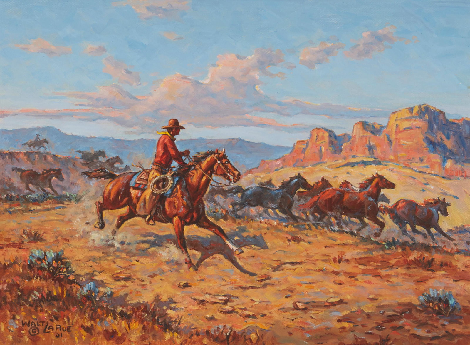 Walt LaRue (1925-2010): No Spot for a Greenhorn, 2001 Oil on canvas Signed and dated lower left: Walt LaRue (C); titled verso; inscribed on the frame verso: For Merritt + Sara / Your friend Walt LaRue / Dec 6 - 01 12" H x 16