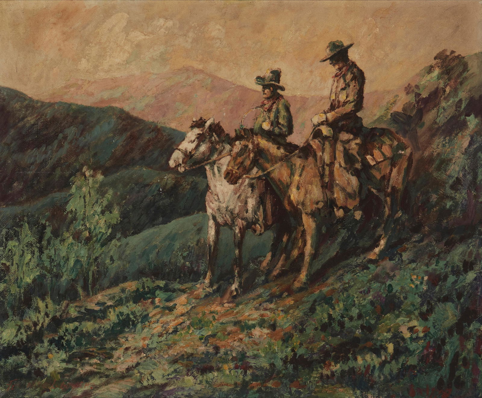 Fernando Golsch (1874-1952): Cowboys on horseback Oil on Masonite Signed lower left: Fernando Golsch 20" H x 24" W Provenance: Sold: Best of the West Auctions, Colorado Springs, CO, Lot 177