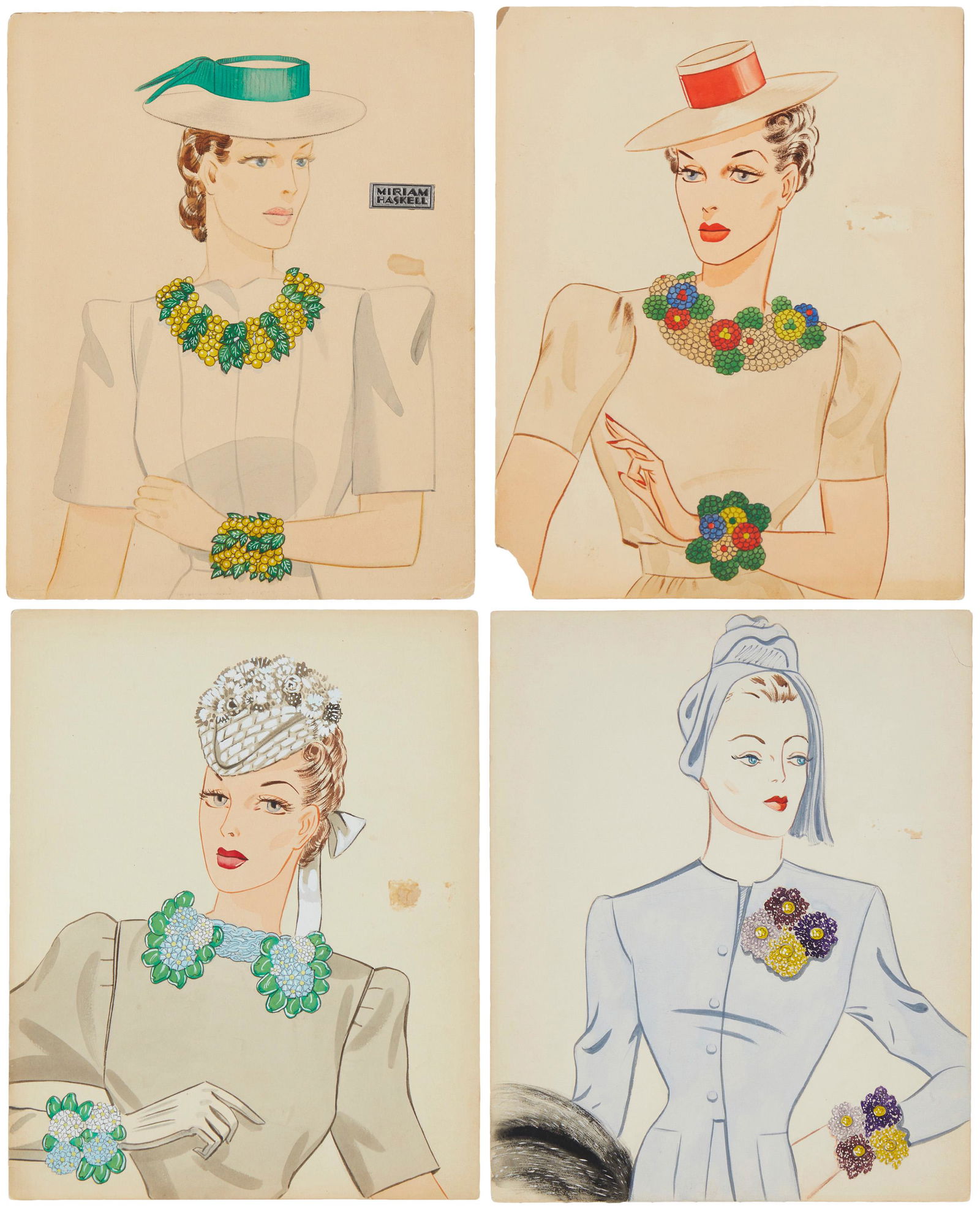 Miriam Haskell, A group of four watercolor drawings 4 pieces (1 of 7)