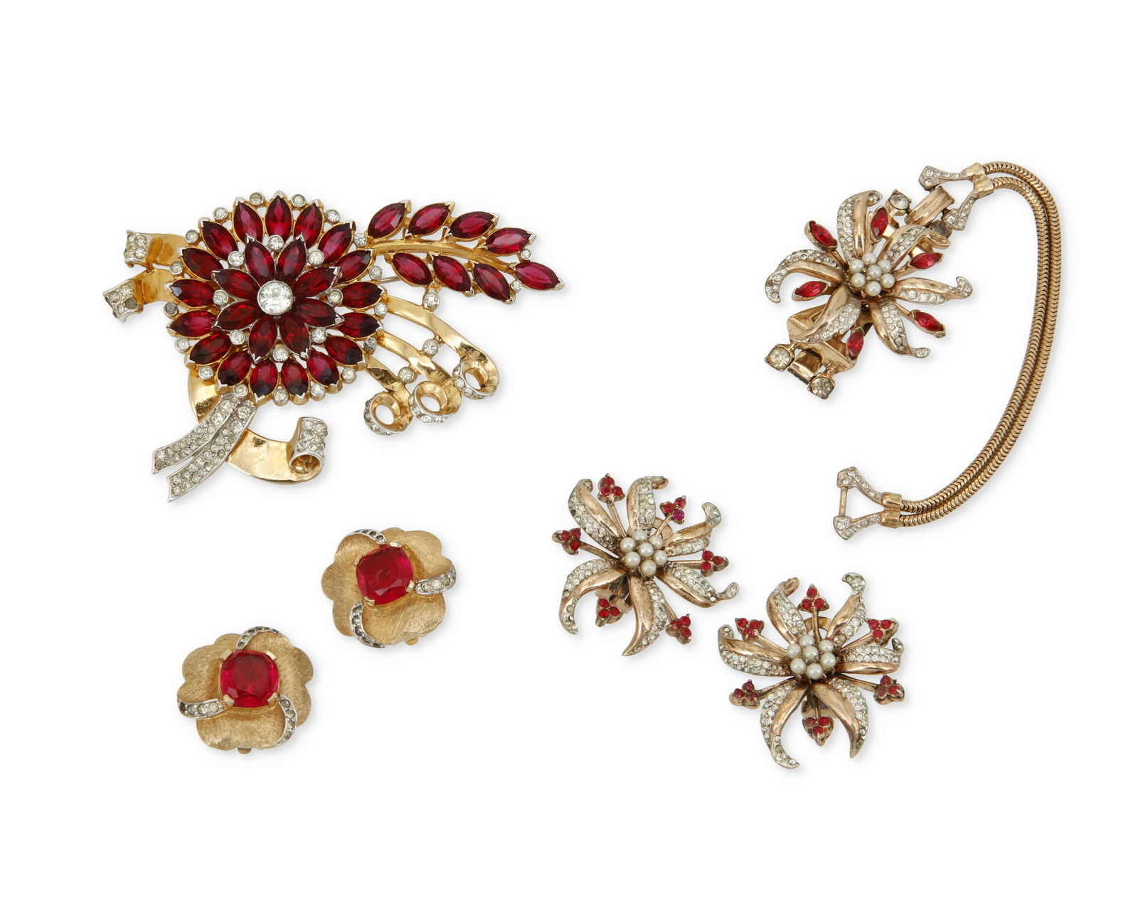 A group of Corocraft jewelry: A group of Corocraft jewelryMid-20th centuryVariously marked: Corocraft / Coro / Sterling / p.p. / JomazA Corocraft vermeil bracelet and matching earrings with faux pearls and diamante accents togethe