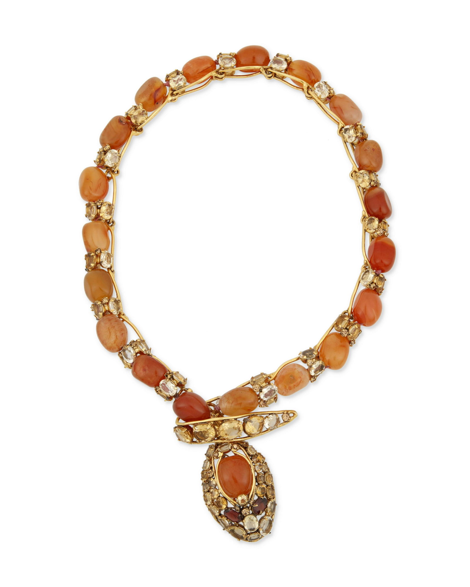 A C&D Jewelry snake form necklace: A C&D Jewelry snake form necklace Late 20th/21st century Marked to plaque: C&D Jewelry Comprising an articulated gold-toned snake necklace with tumbled carnelian beads, citrine, garnets and yellow cry