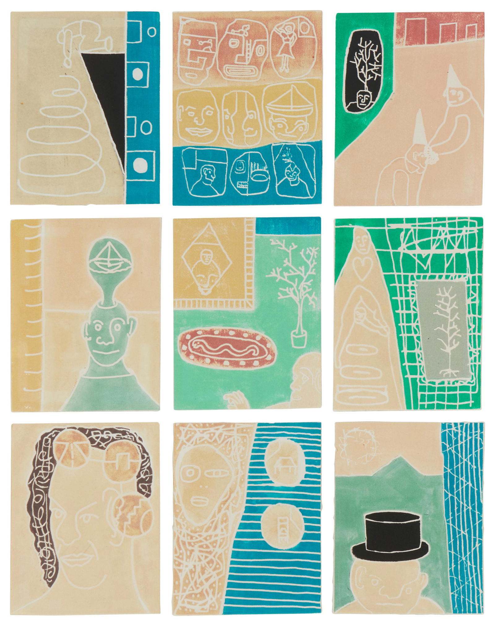 Robin Winters, (b. 1950), "Scratch Music," 1987, The set of nine woodcuts in colors on handmade (1 of 5)