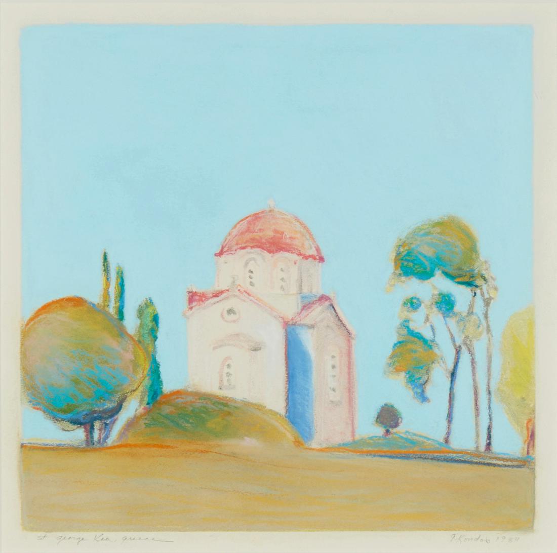 Gregory Kondos, (1923-2021), "St. George Kea, Greece," 1984, Monotype with handcoloring in pastel, (1 of 6)