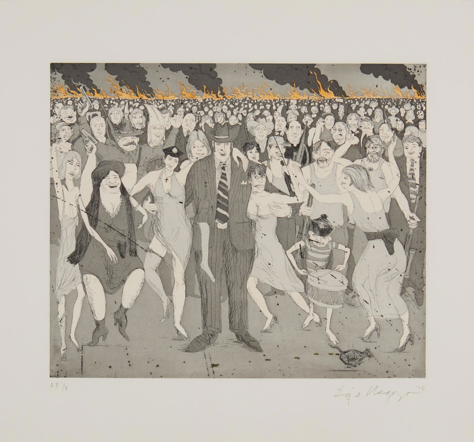 Enrique Chagoya, (b. 1953), "My Cat Santos had a Nightmare," 2010, Etching and aquatint in grays and: Enrique Chagoya(b. 1953)"My Cat Santos had a Nightmare," 2010Etching and aquatint in grays and blush, with hand-coloring, on Revere Suede Warm White paperEdition: one of eight artist's proof