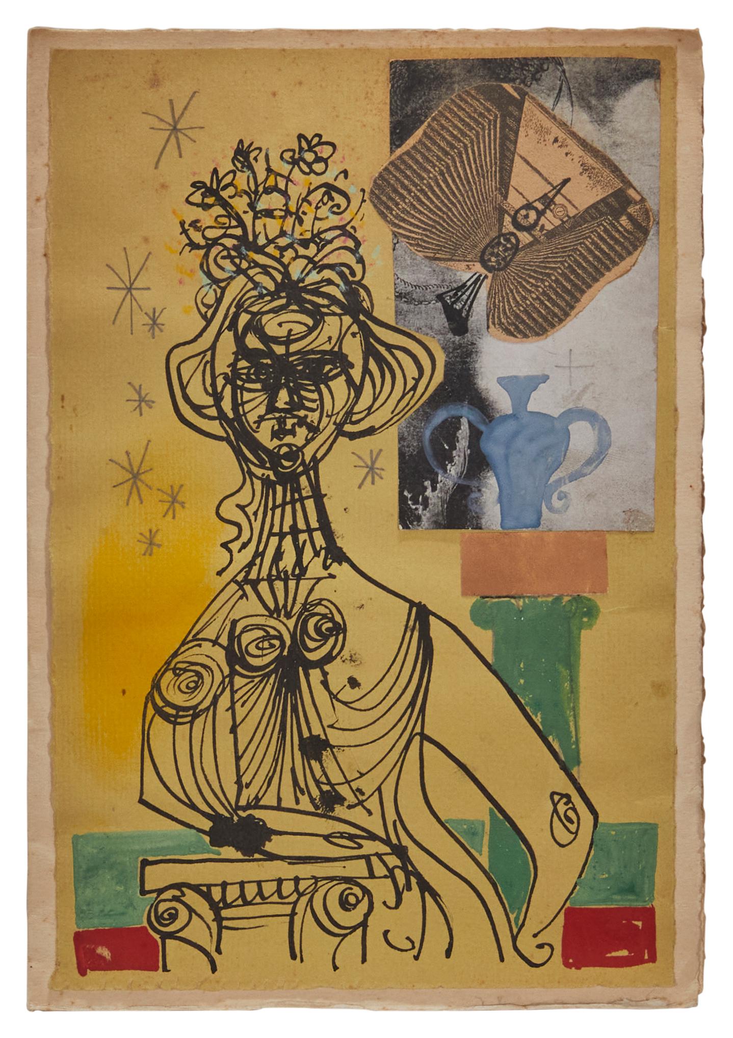 Byron Browne, (1907-1961), Handmade greeting card, 1949, Collage and mixed media on paper tipped to: Byron Browne(1907-1961)Handmade greeting card, 1949Collage and mixed media on paper tipped to paperSigned, dated, and inscribed in pen inside the folded paper card: Best Wishes 1949, Rosalind & Byron