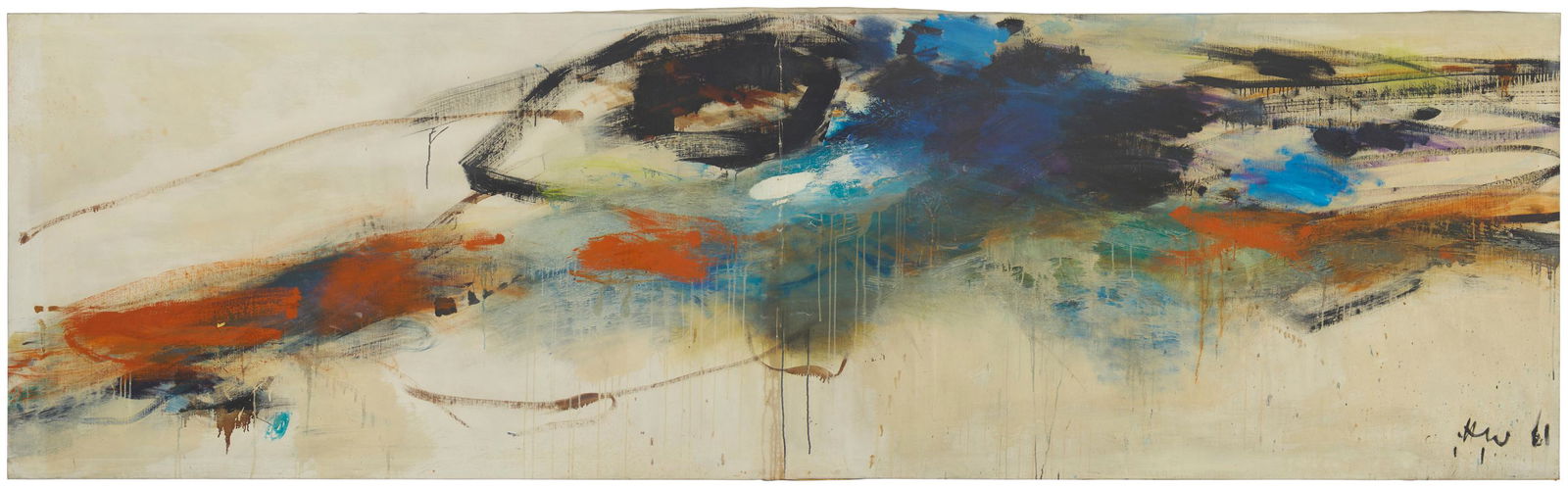 Hugo Weber, (1918-1971), "The Rhine is My River," 1961, Oil on canvas, 42" H x 138" W: Hugo Weber(1918-1971)"The Rhine is My River," 1961Oil on canvasInitialed and dated lower right: H.W.; Signed, titled, dated, and inscribed verso; titled and dated again on a gallery label af