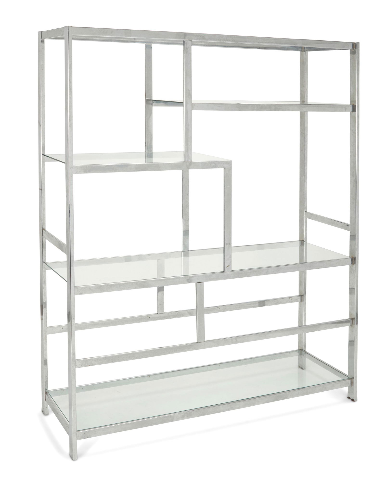 A postmodern Milo Baughman-style chrome and glass shelving etagere Circa 1970s-1980s 76" H x 60" W x (1 of 5)