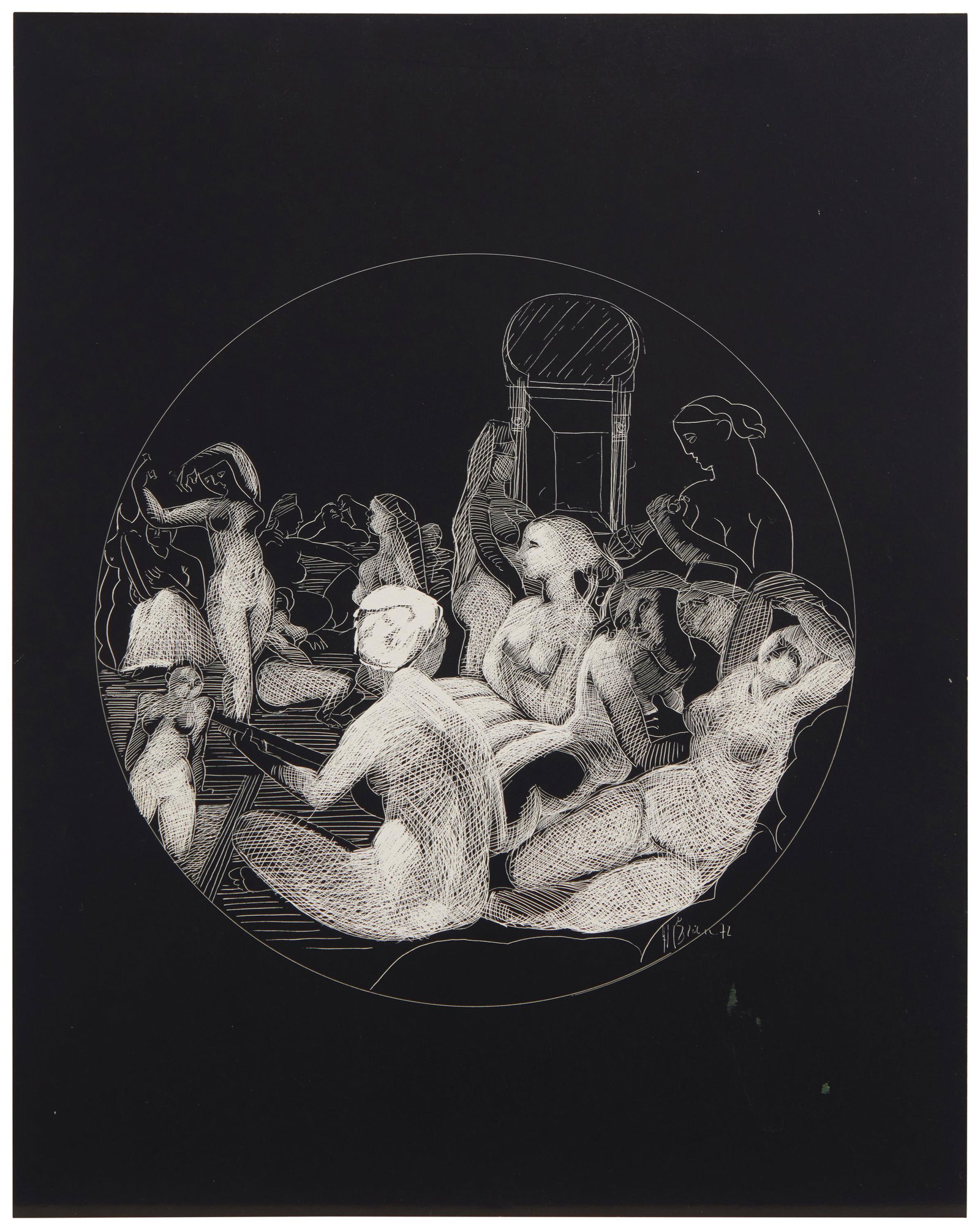Herman Braun-Vega, (1933-2019), Female nude group, 1972, Drawing on scraperboard, Image: 8.75" Dia.;: Herman Braun-Vega (1933-2019) Female nude group, 1972 Drawing on scraperboard Signed and dated lower right: H. Braun Image: 8.75" Dia.; Scraperboard: 14" H x 11" W Provenance: Lerner-He
